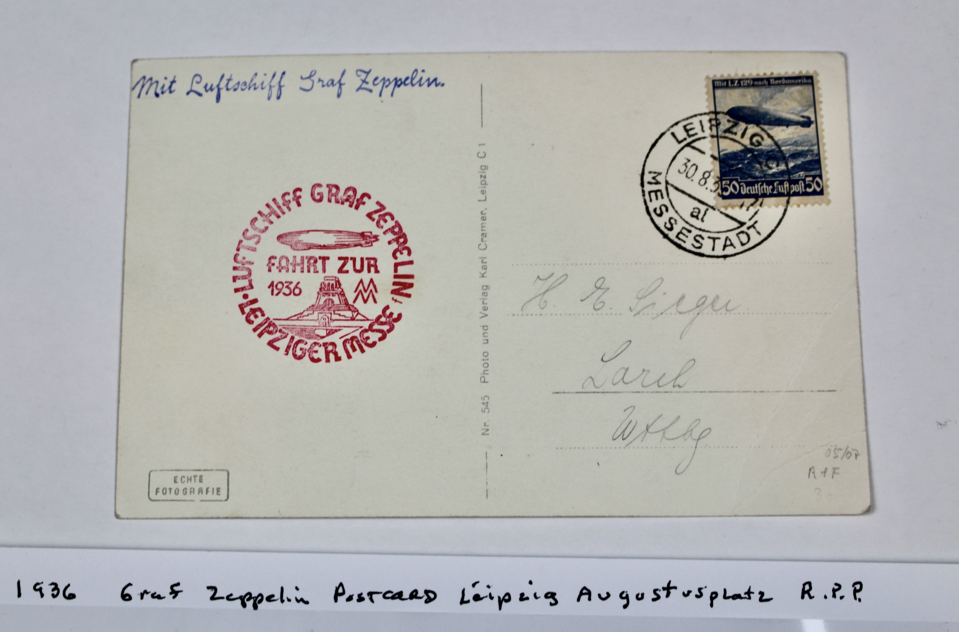 1936 Graf Zeppelin Real Picture Postcard, Featuring Leipzig Augustusplatz