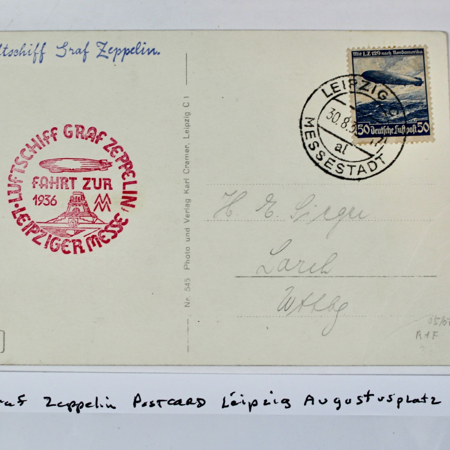 1936 Graf Zeppelin Real Picture Postcard, Featuring Leipzig Augustusplatz