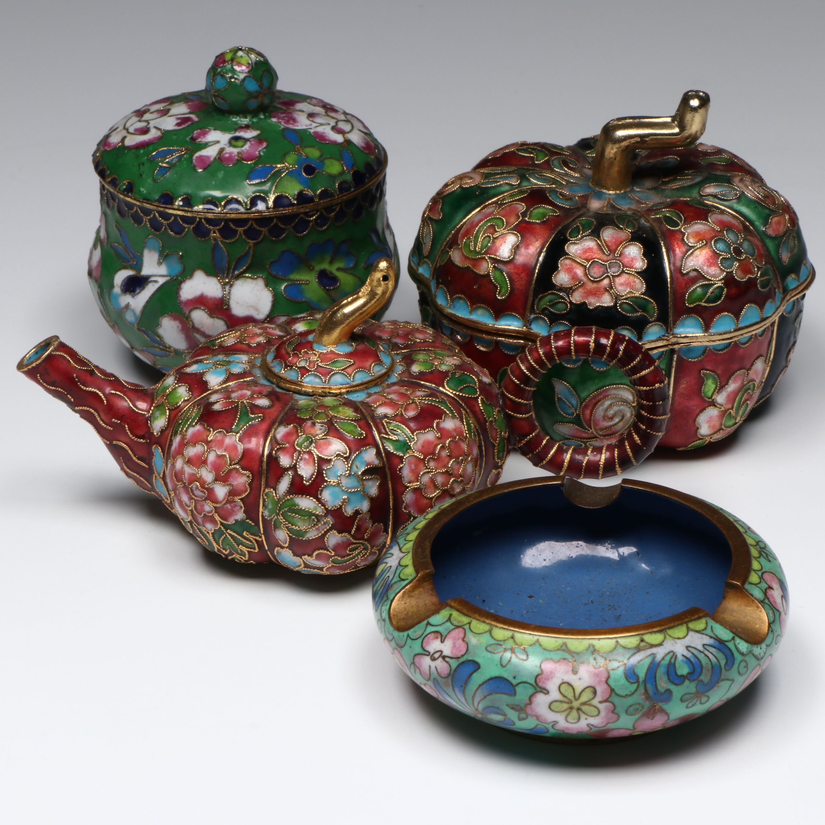 Chinese Cloisonné Pumpkin-Shaped Box and Teapot and Other Décor