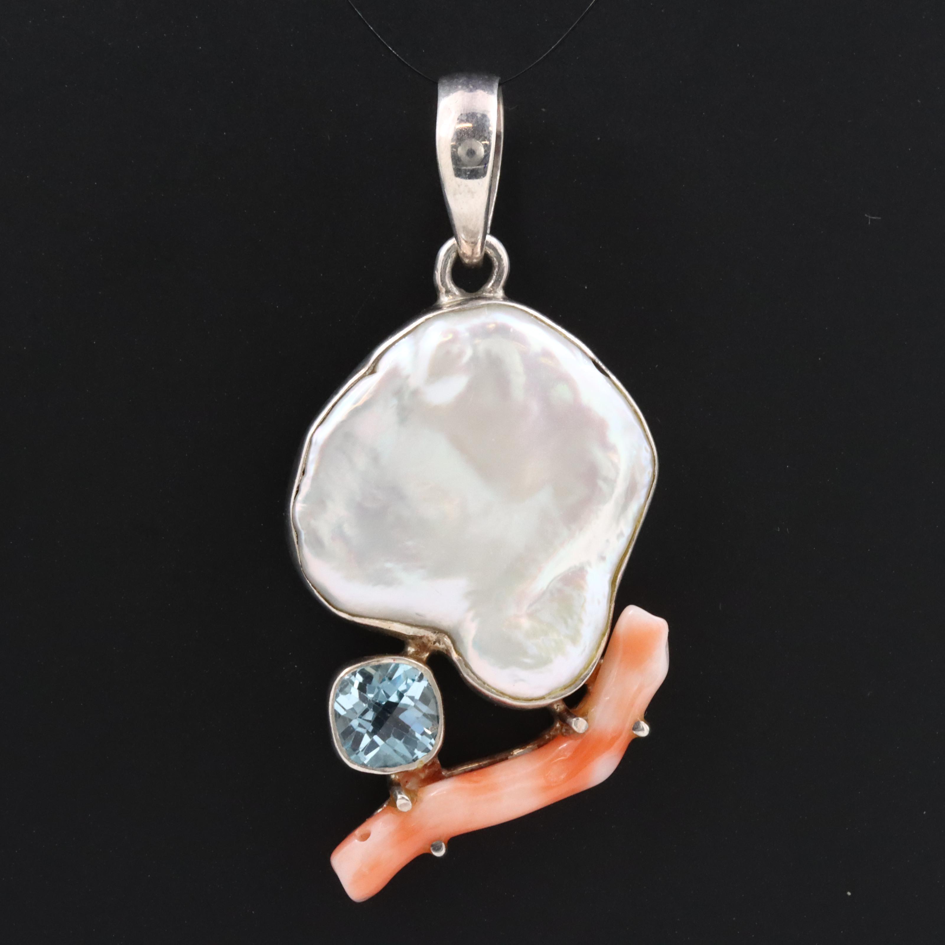Sterling Pearl, Topaz and Coral Pendant