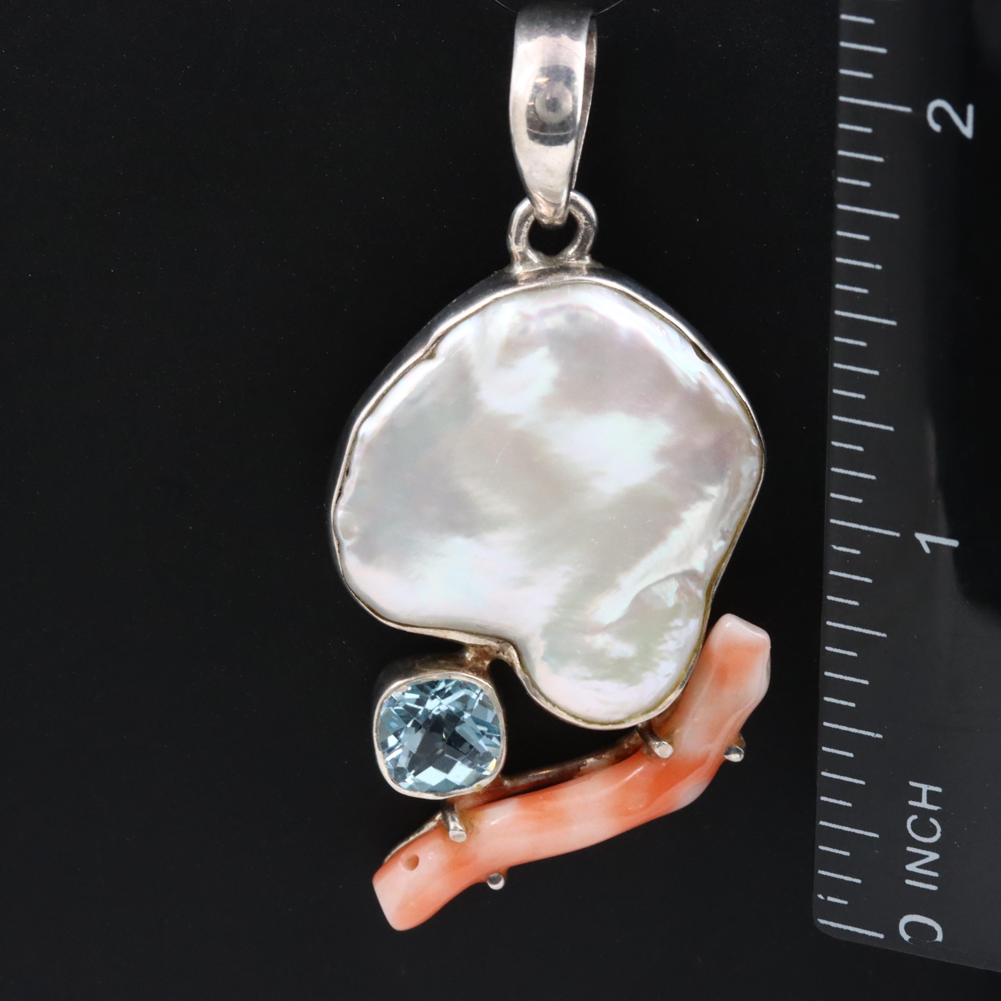 Sterling Pearl, Topaz and Coral Pendant