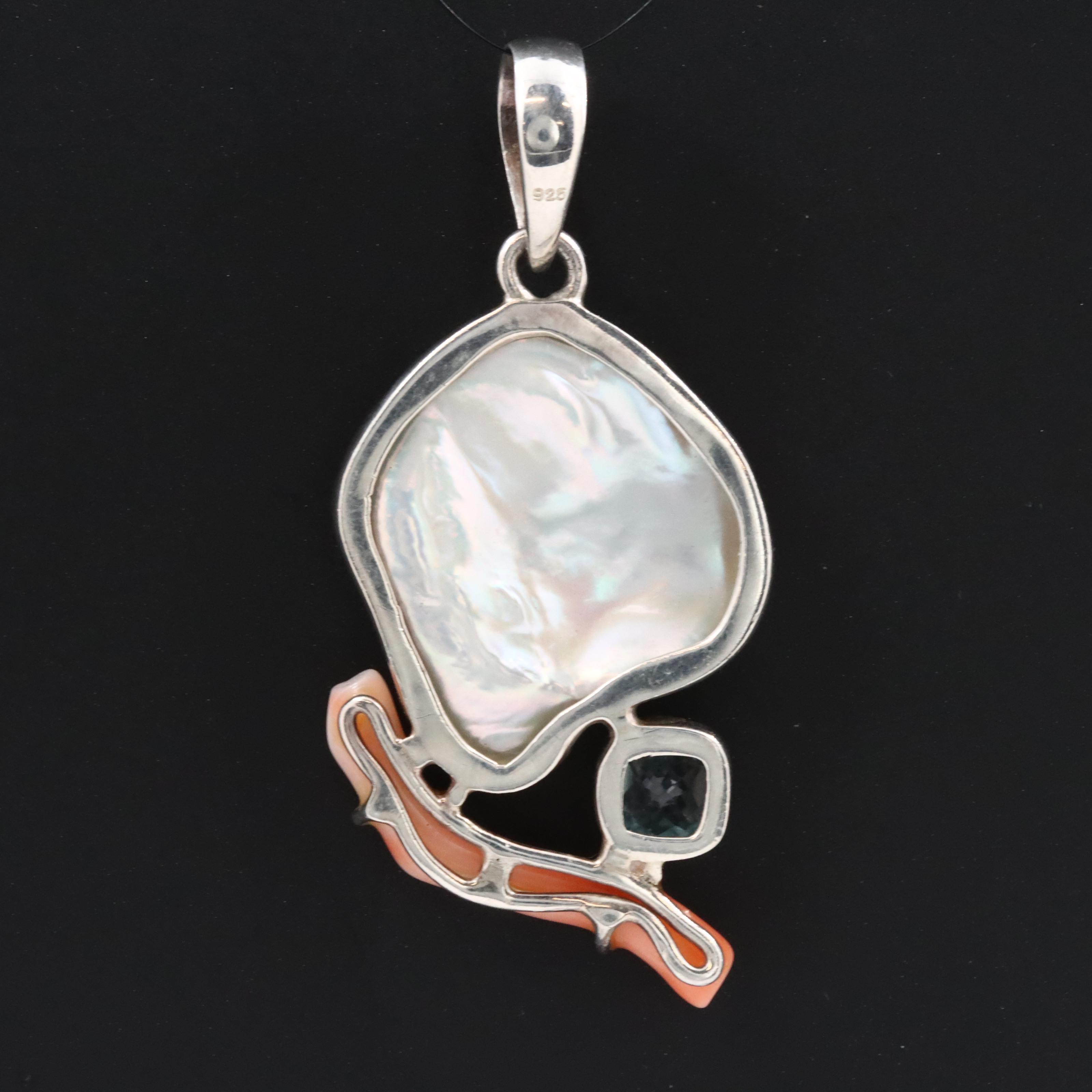 Sterling Pearl, Topaz and Coral Pendant