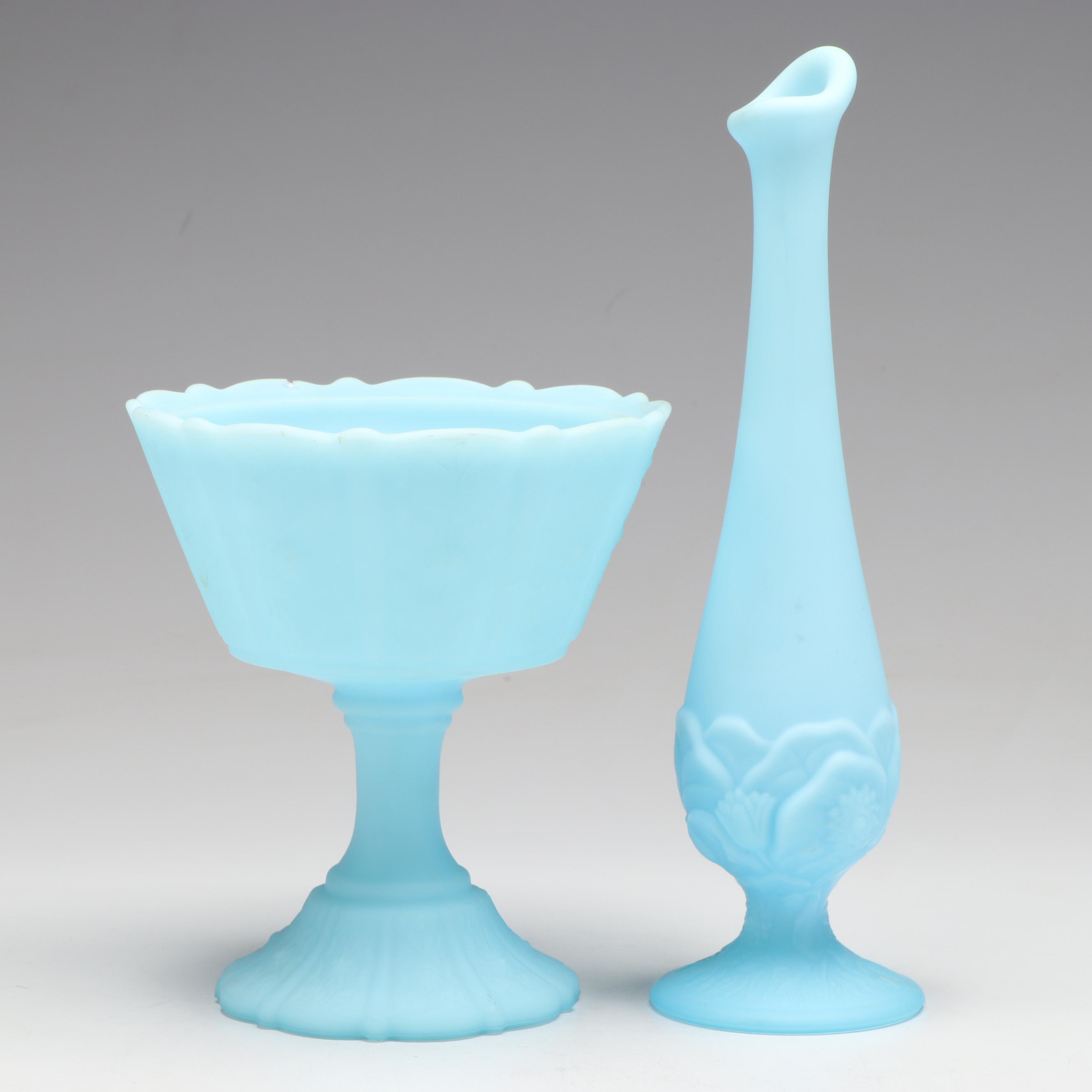 Victorian Style Blue Satin Glass Vase and Compote, Mid to Late 20th Century