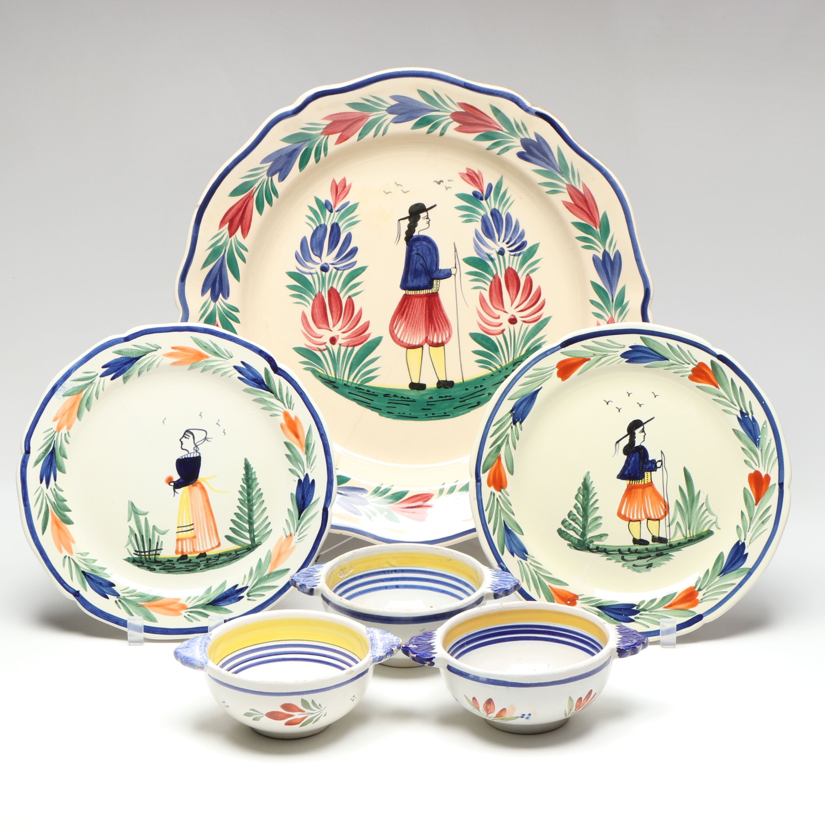 Henriot Quimper Hand-Painted Ceramic Platter, Plates, and Cereal Bowls