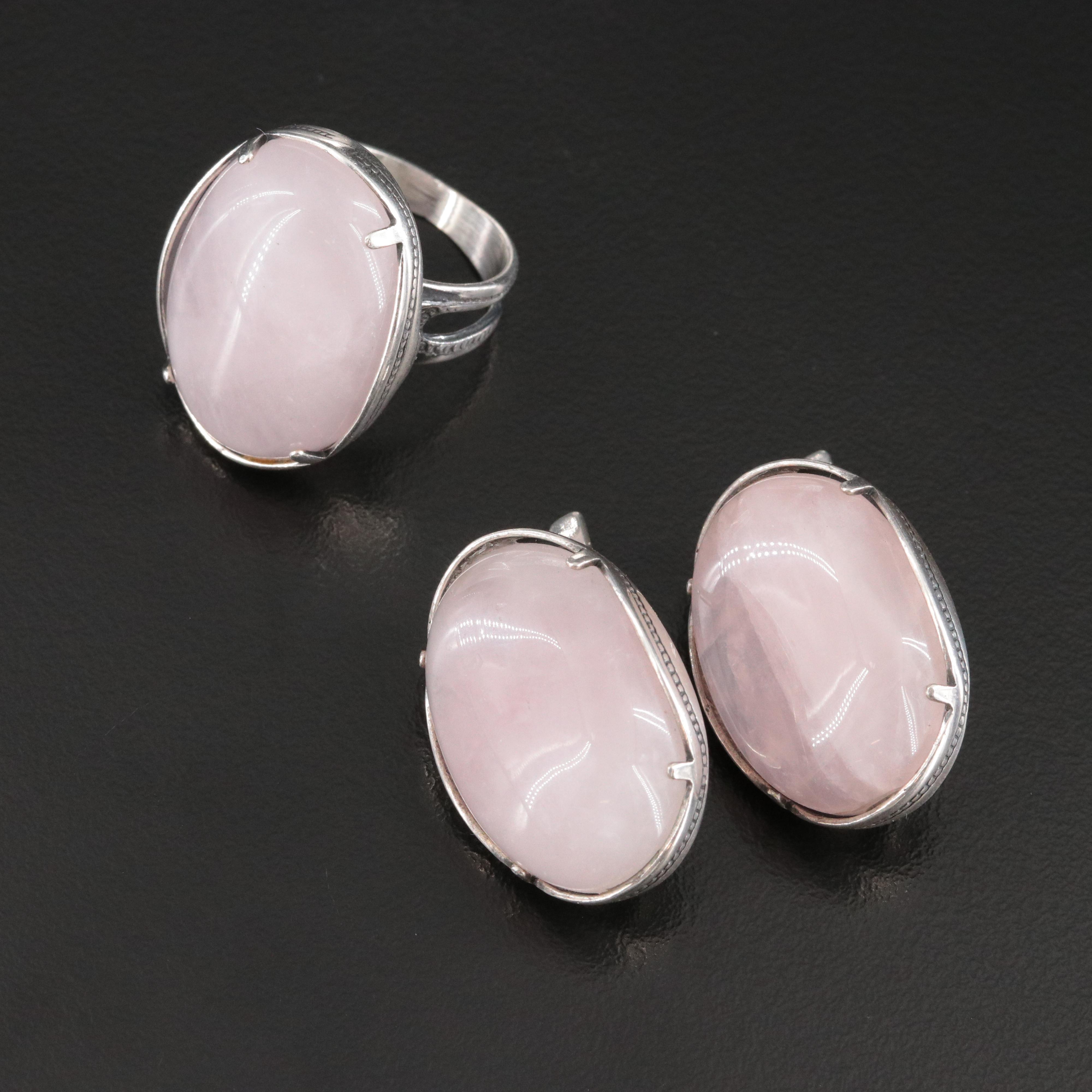 Sterling Rose Quartz Ring and Earrings Set