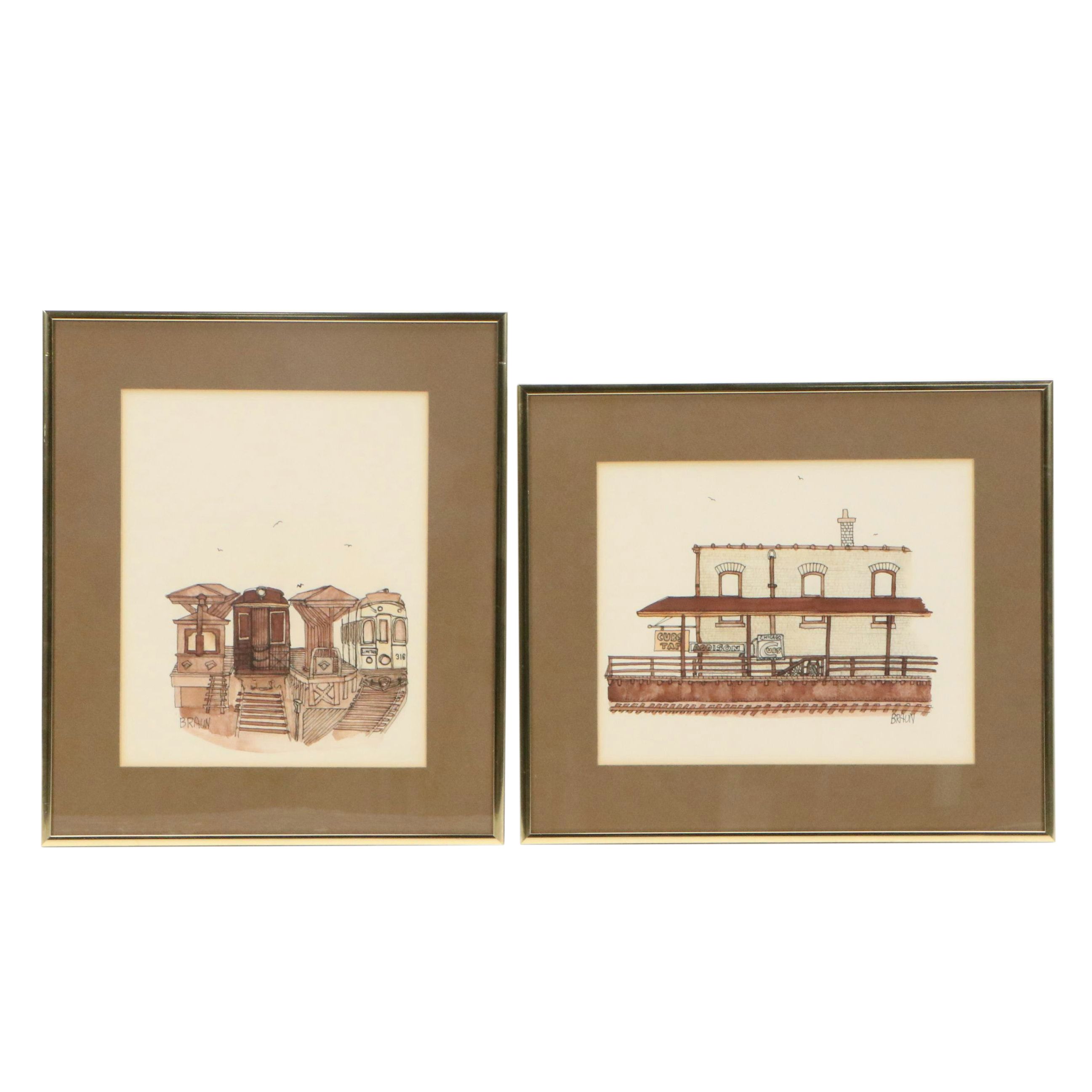 Braun Ink and Watercolor Illustrations of Train Stations, Late 20th C.