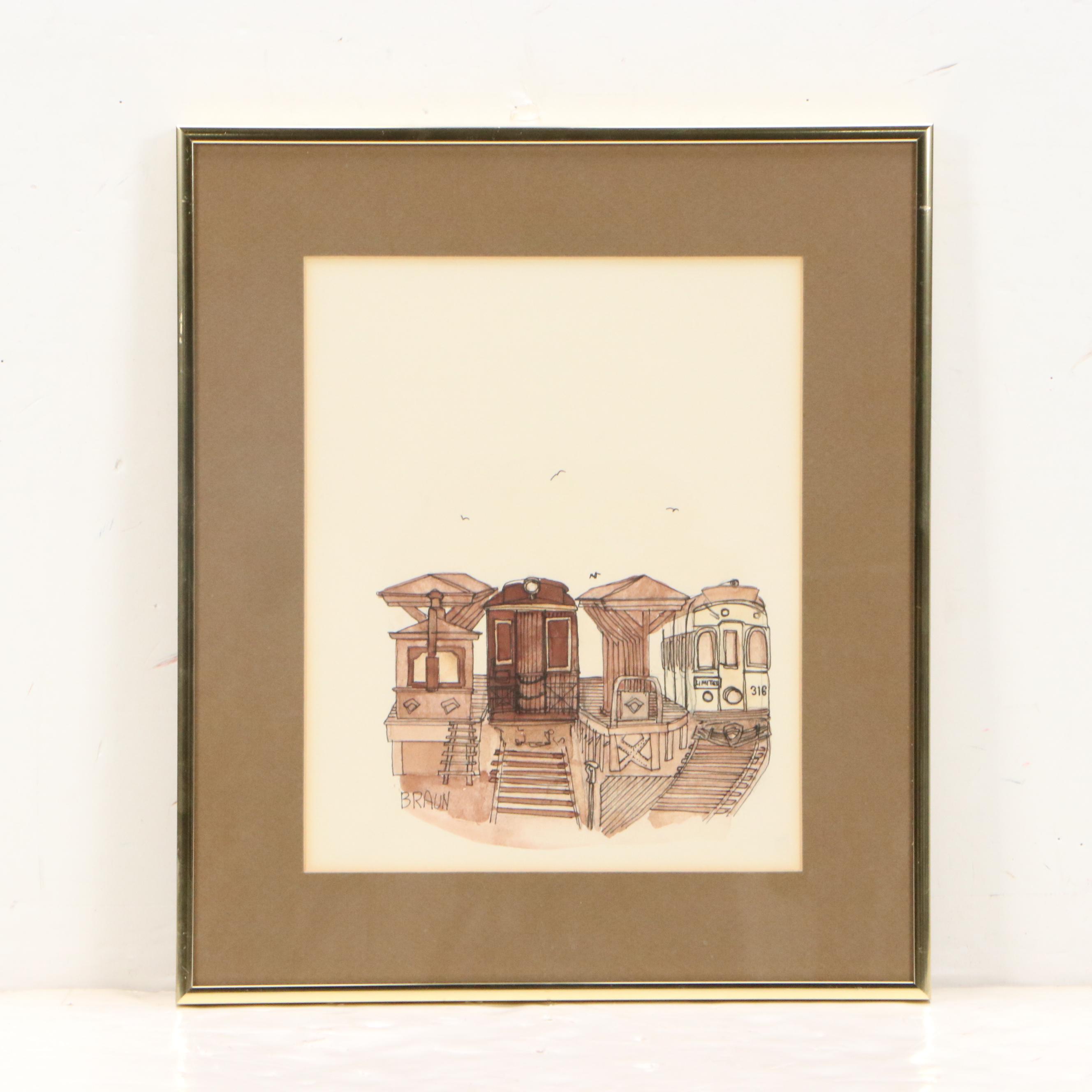 Braun Ink and Watercolor Illustrations of Train Stations, Late 20th C.
