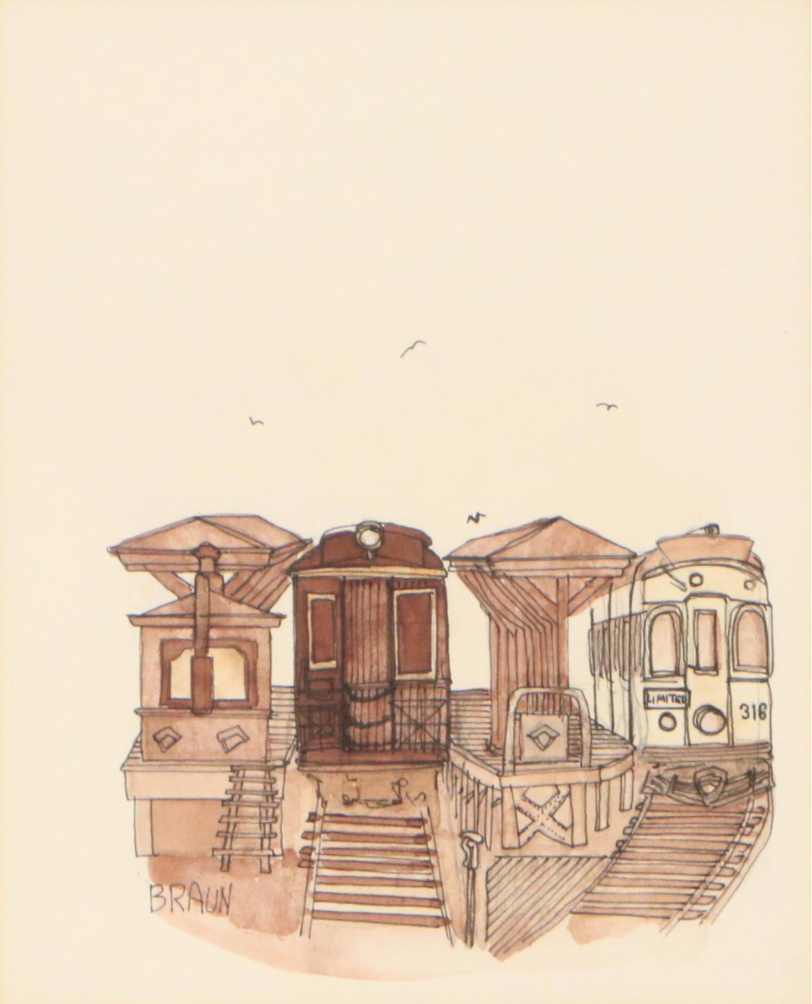 Braun Ink and Watercolor Illustrations of Train Stations, Late 20th C.