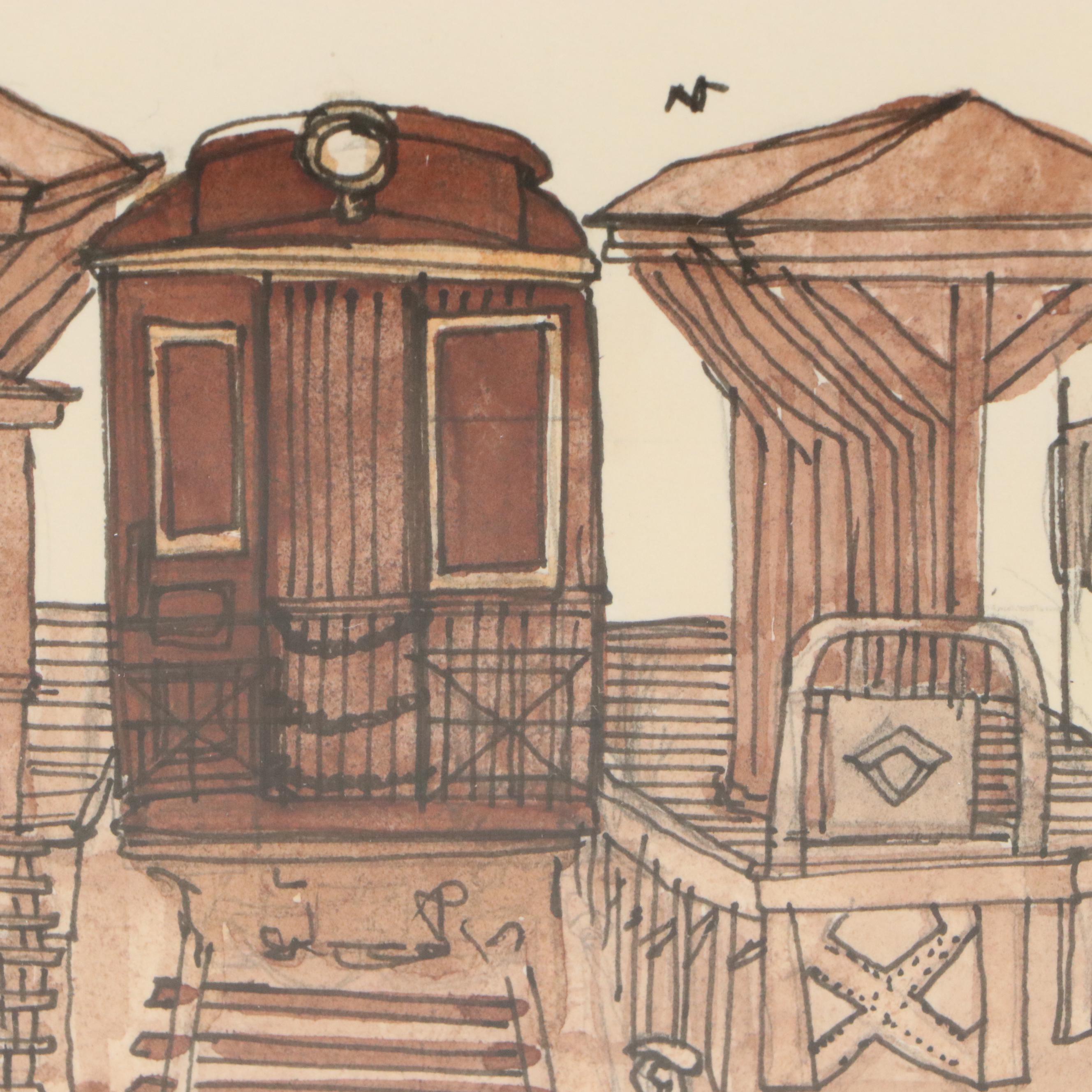 Braun Ink and Watercolor Illustrations of Train Stations, Late 20th C.