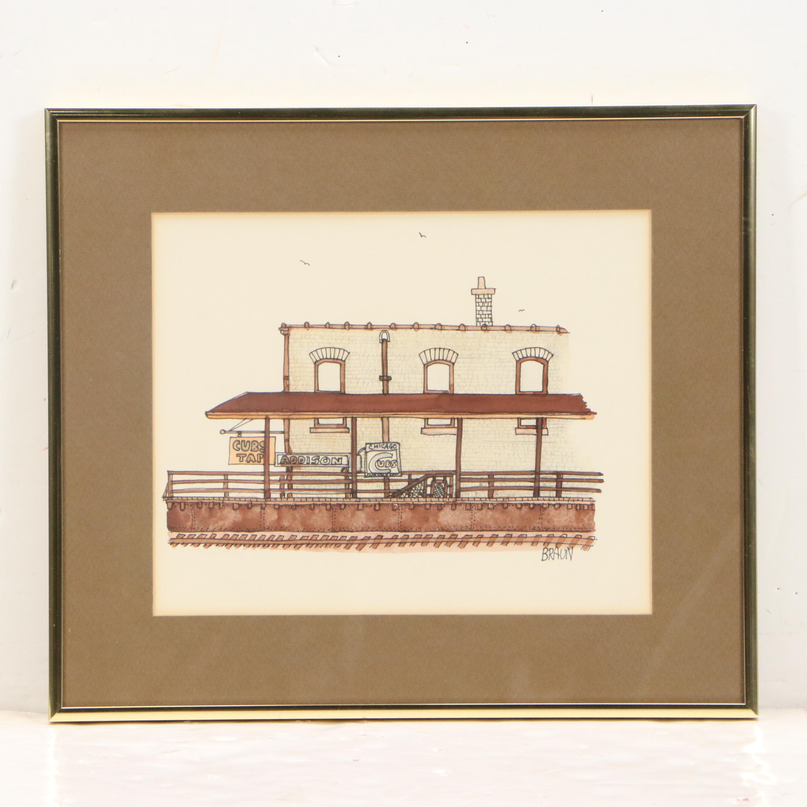 Braun Ink and Watercolor Illustrations of Train Stations, Late 20th C.