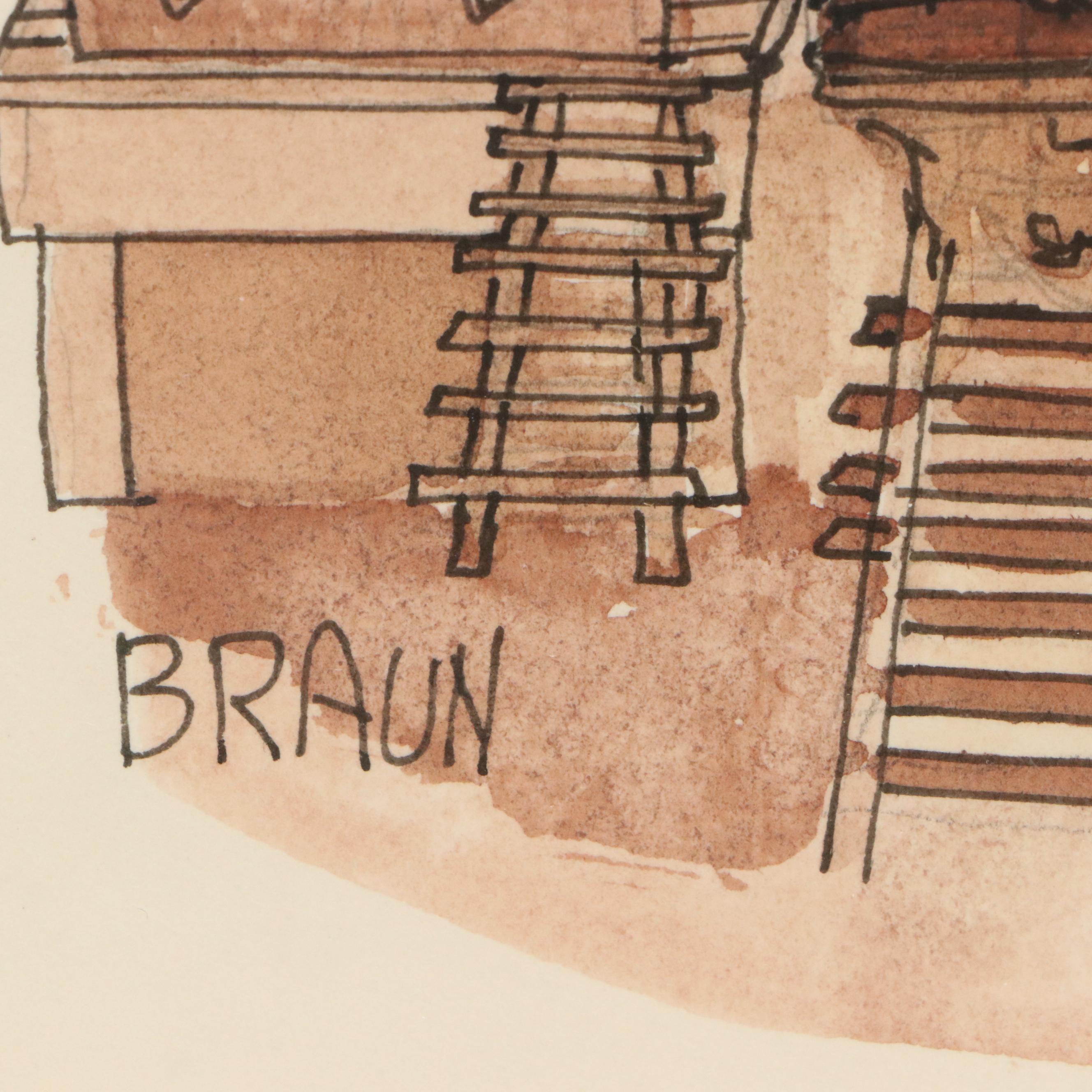 Braun Ink and Watercolor Illustrations of Train Stations, Late 20th C.