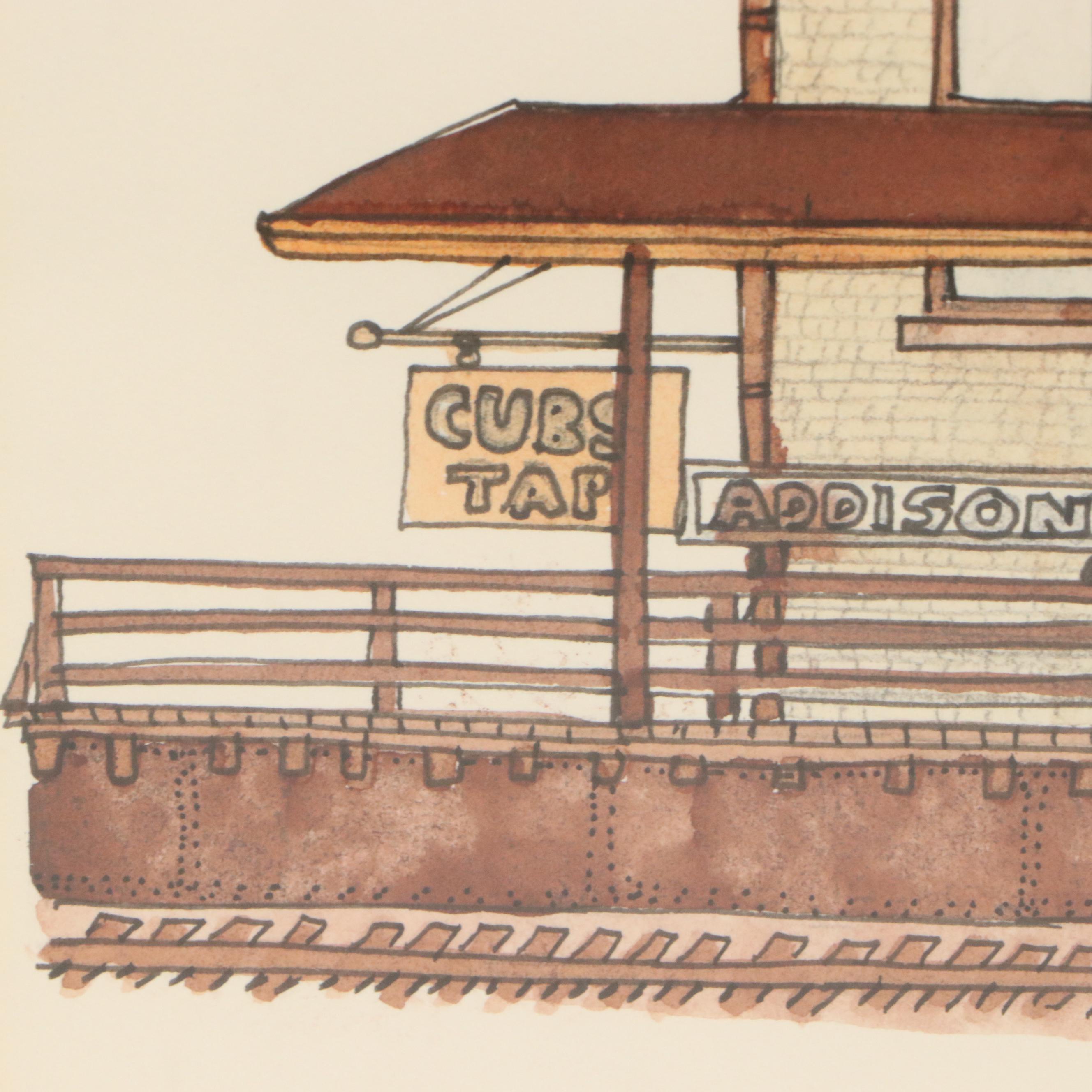 Braun Ink and Watercolor Illustrations of Train Stations, Late 20th C.