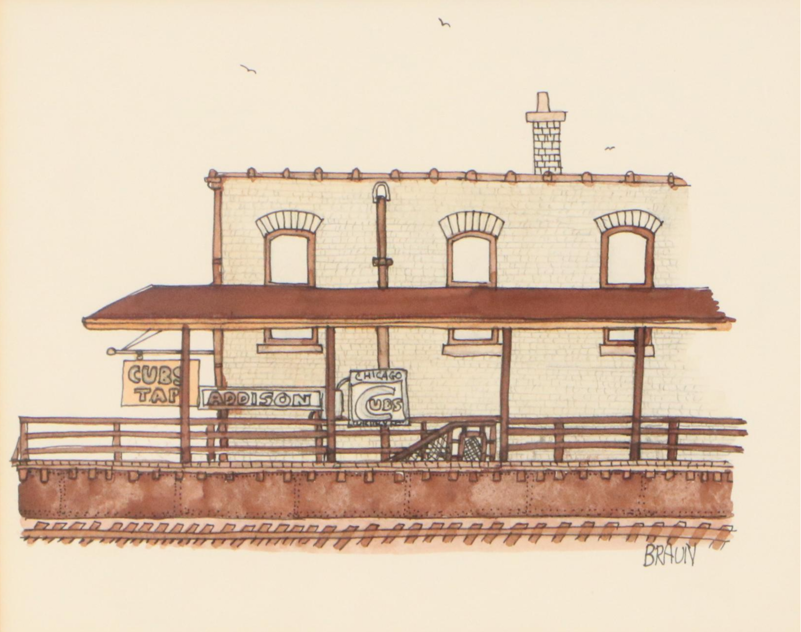 Braun Ink and Watercolor Illustrations of Train Stations, Late 20th C.