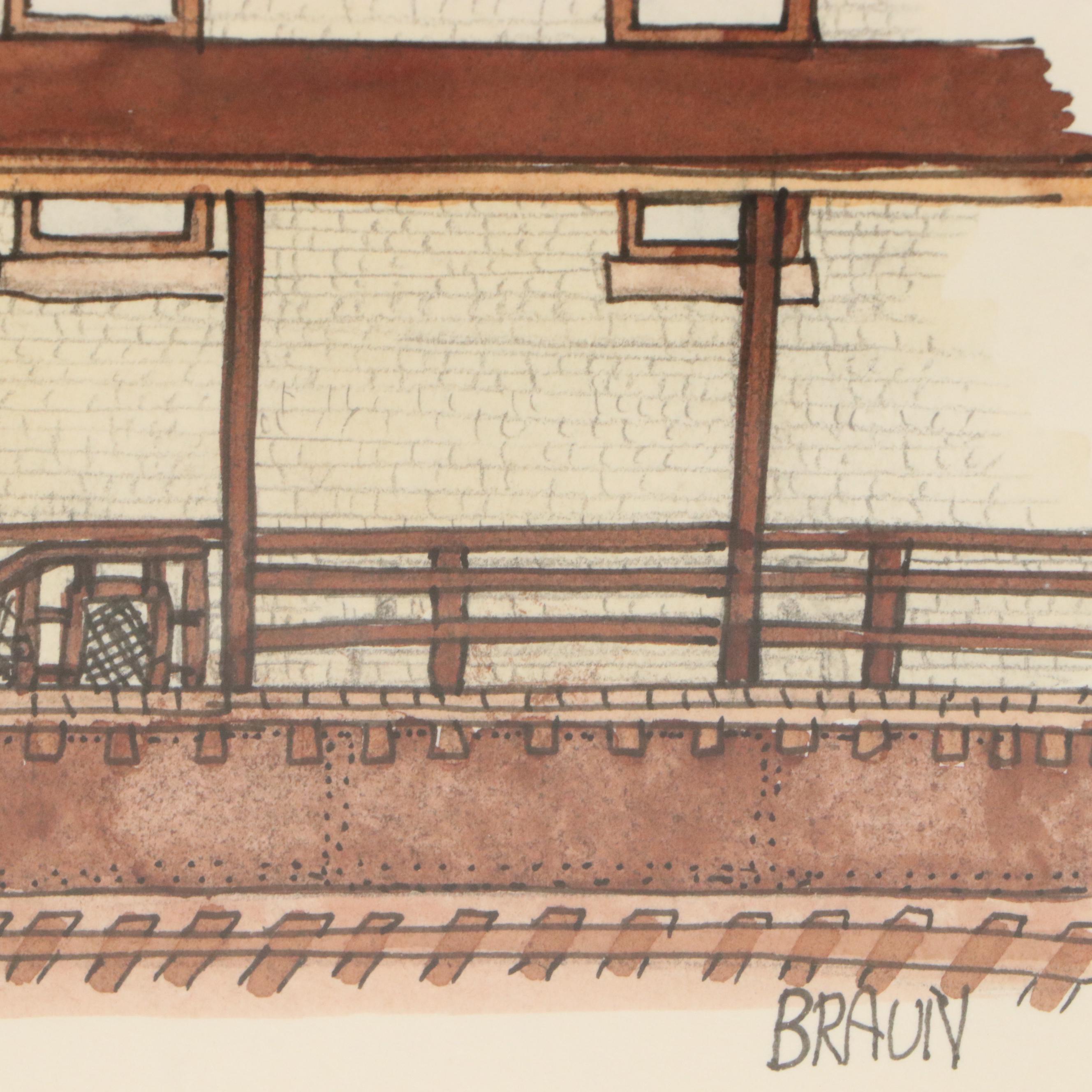 Braun Ink and Watercolor Illustrations of Train Stations, Late 20th C.