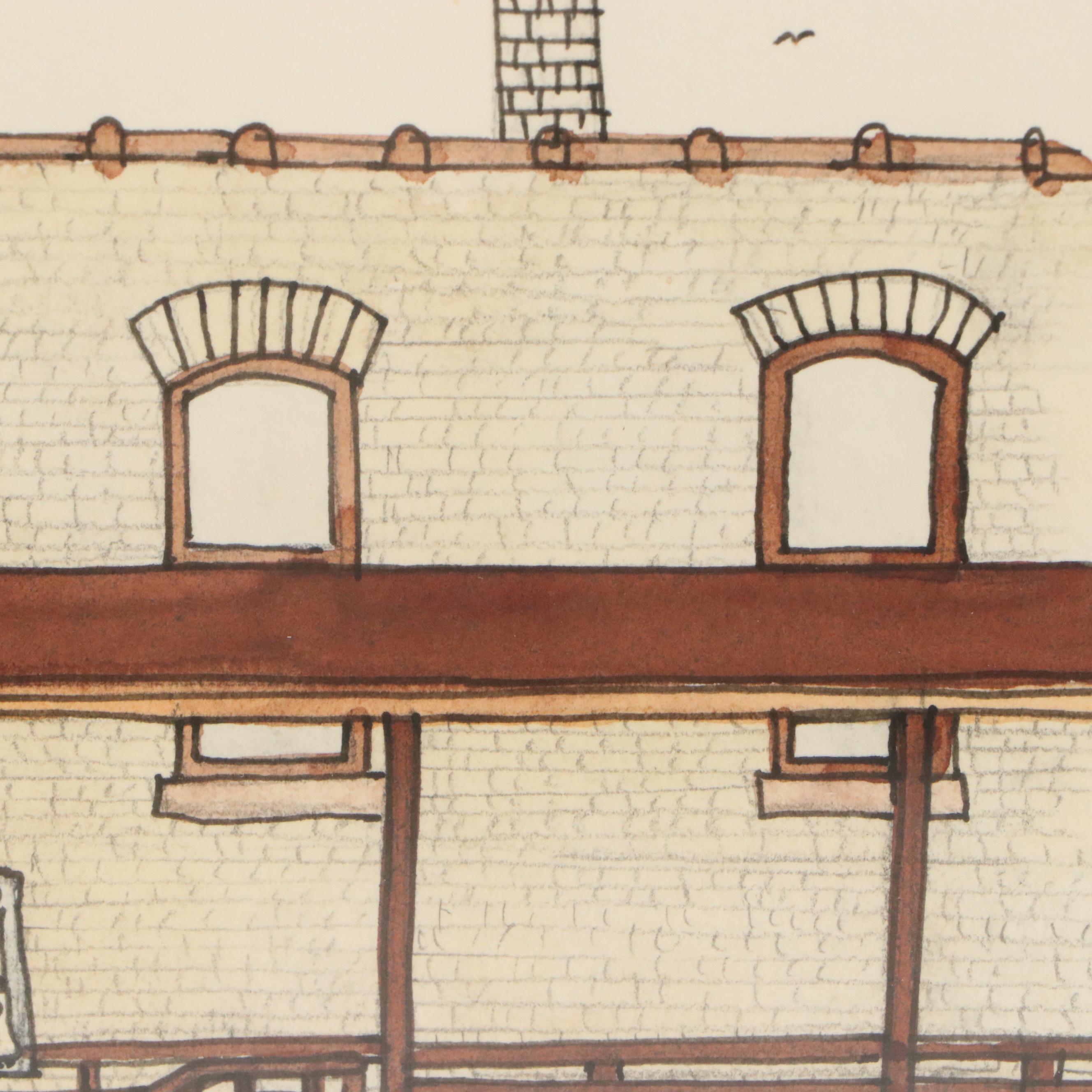 Braun Ink and Watercolor Illustrations of Train Stations, Late 20th C.