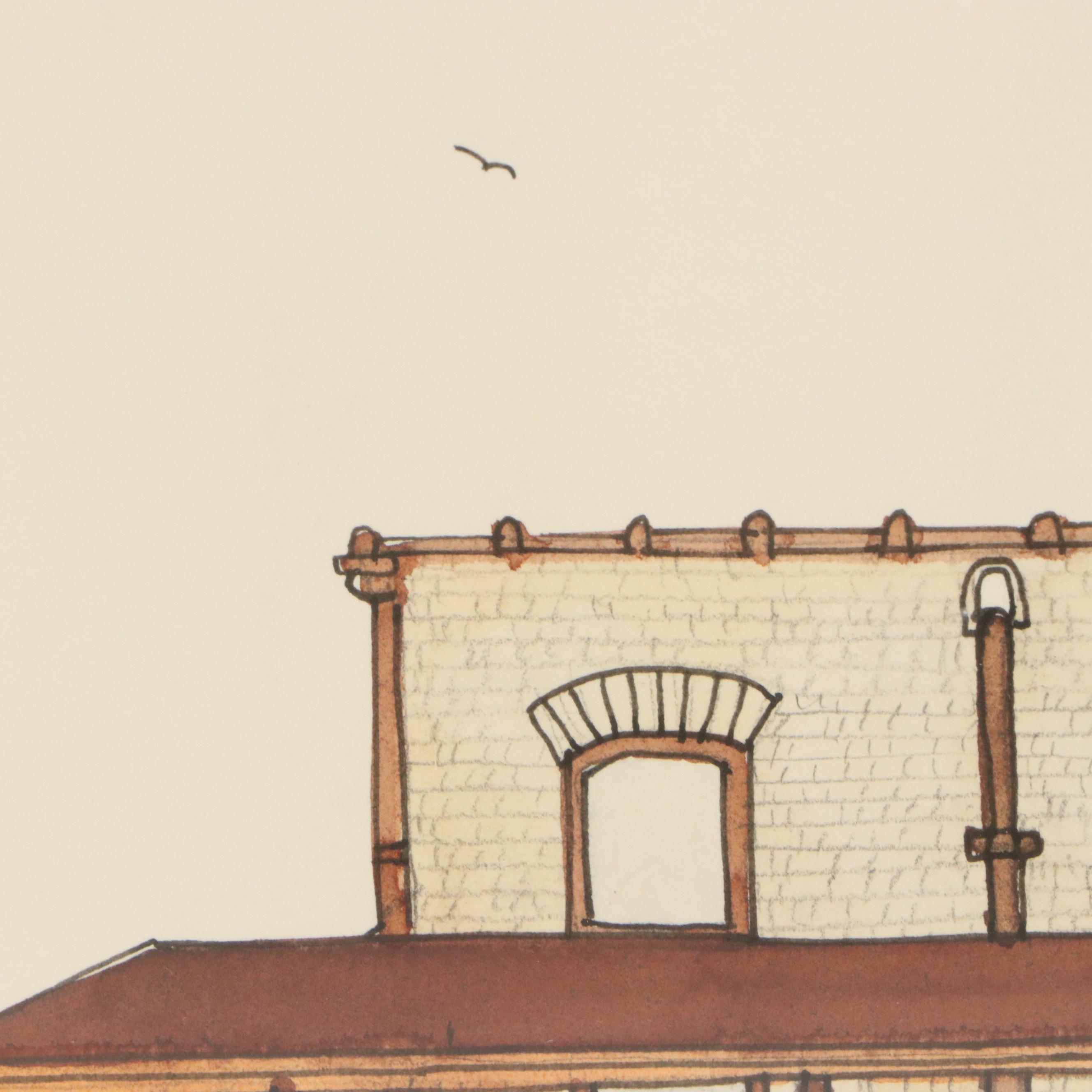 Braun Ink and Watercolor Illustrations of Train Stations, Late 20th C.