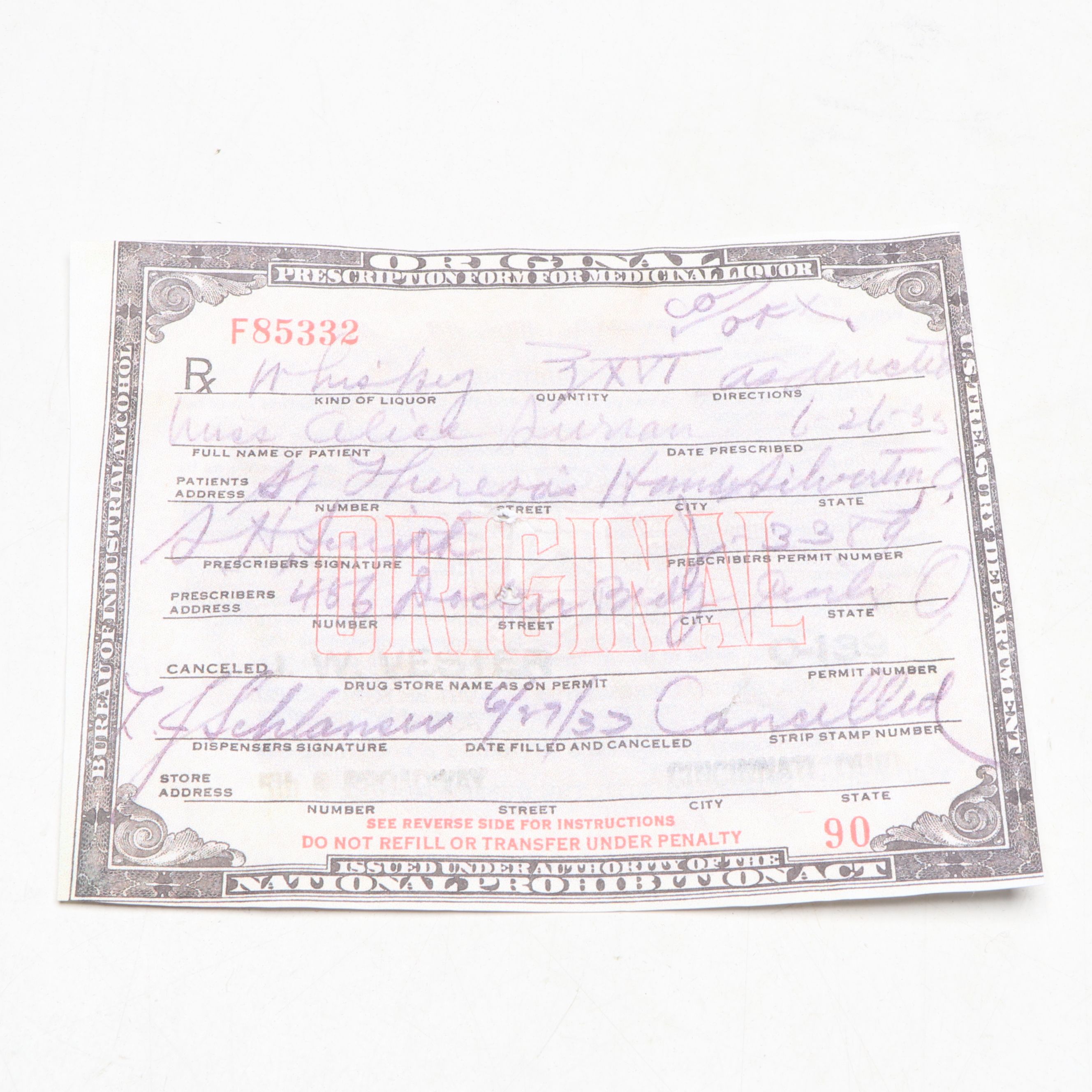 Prohibition Style Whisky Prescription Form with Reproduction Sign