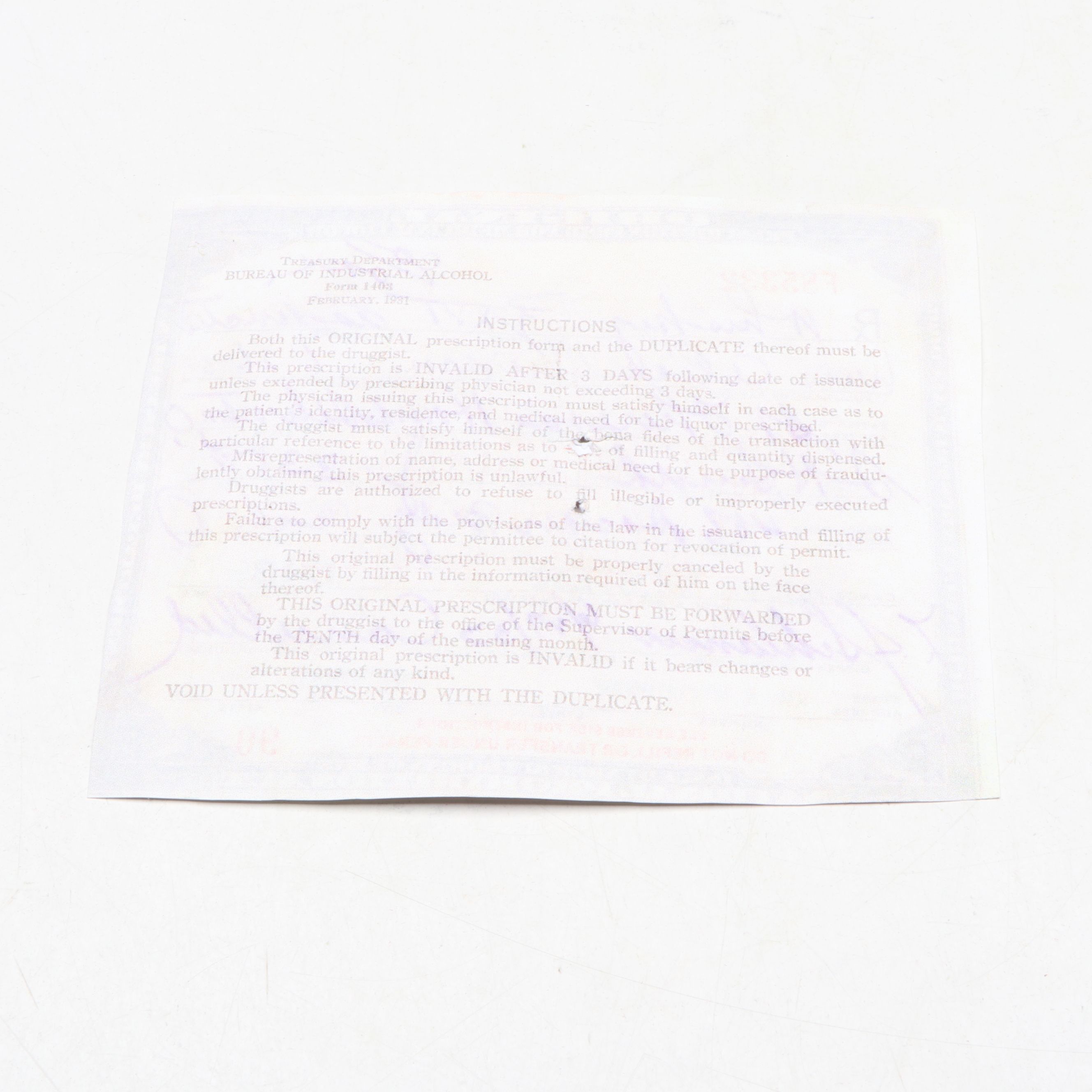 Prohibition Style Whisky Prescription Form with Reproduction Sign