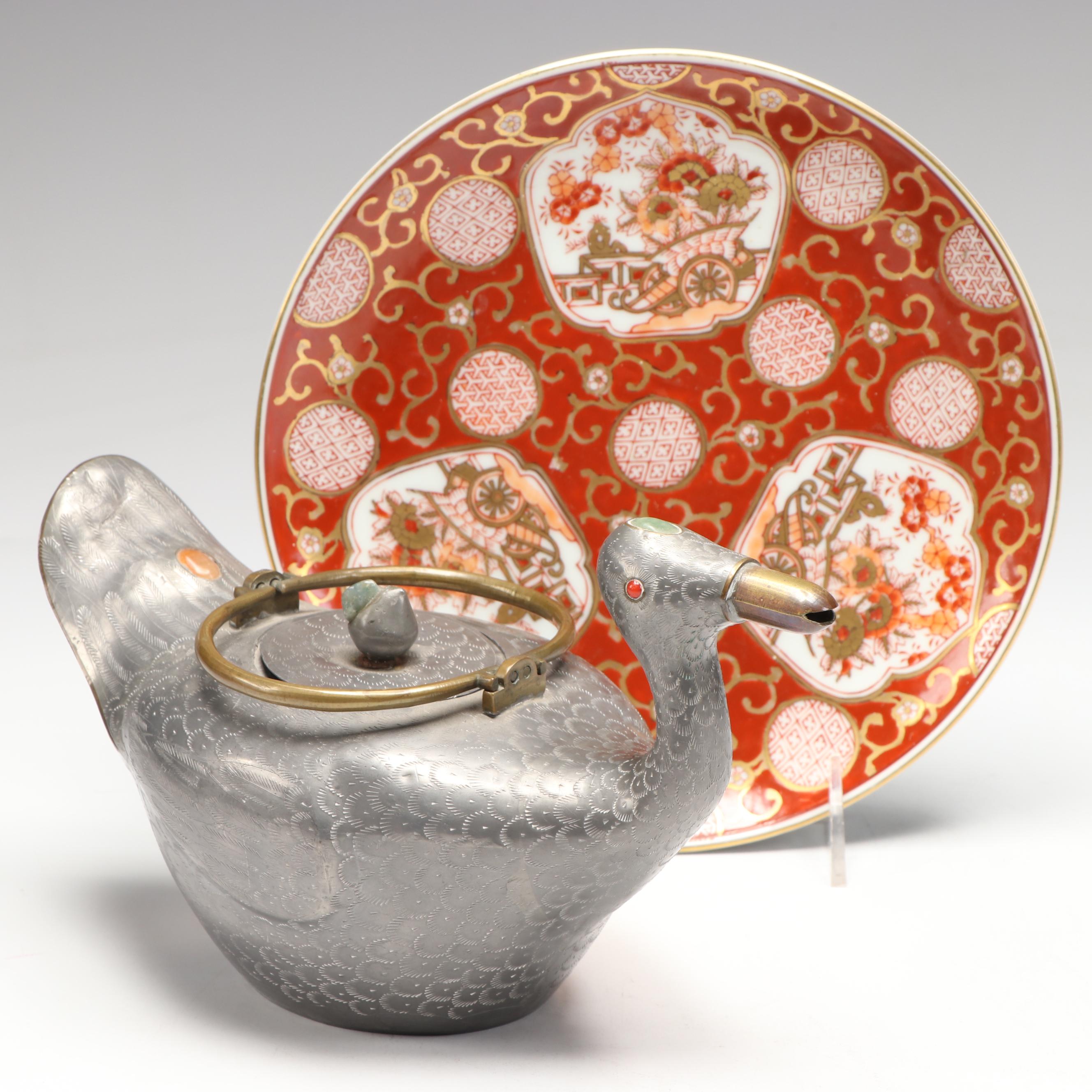Chinese Engraved Mixed Metal Duck-Shaped Teapot with Gold Imari Plate