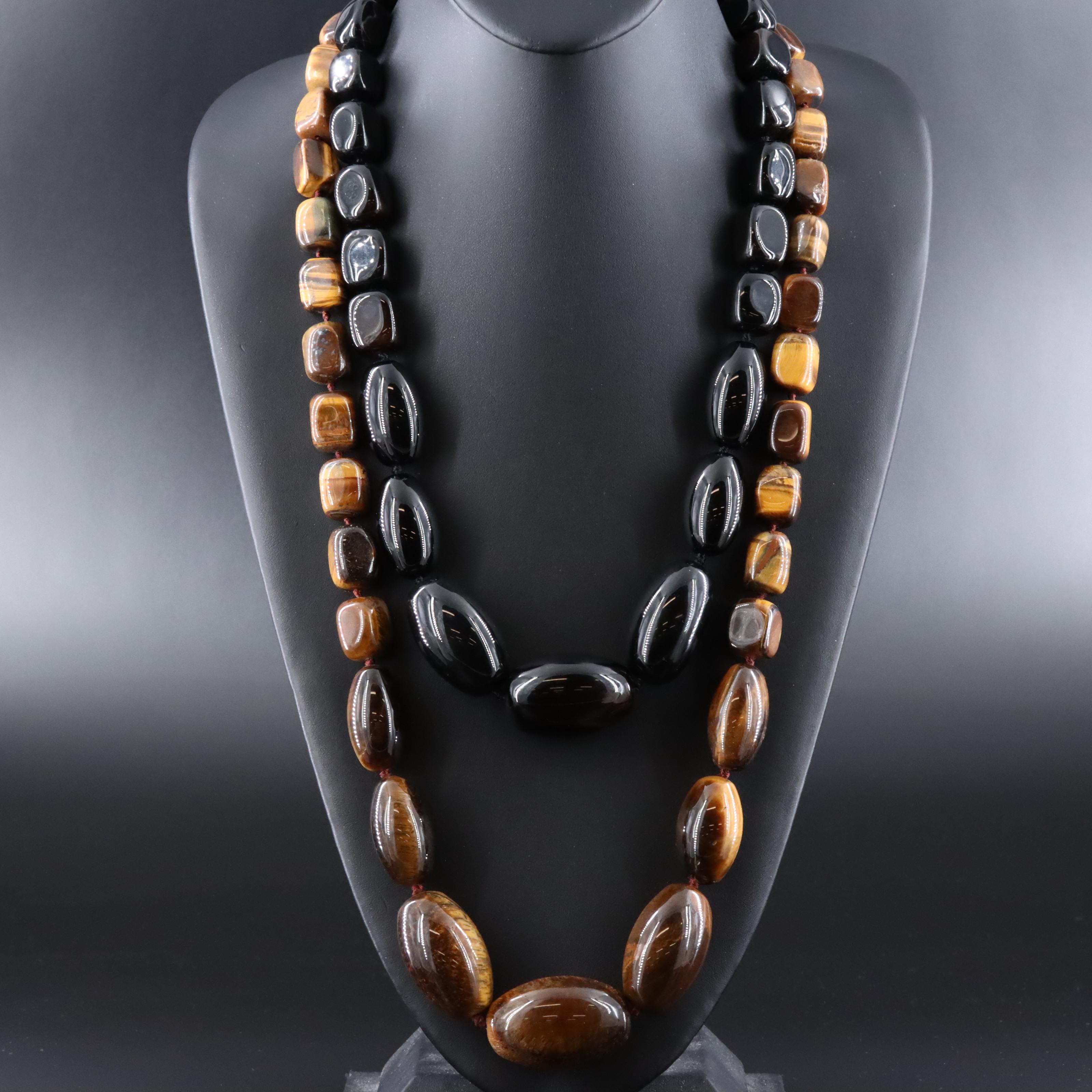 Agate and Tiger's Eye Graduated Bead Necklaces with Sterling Clasps