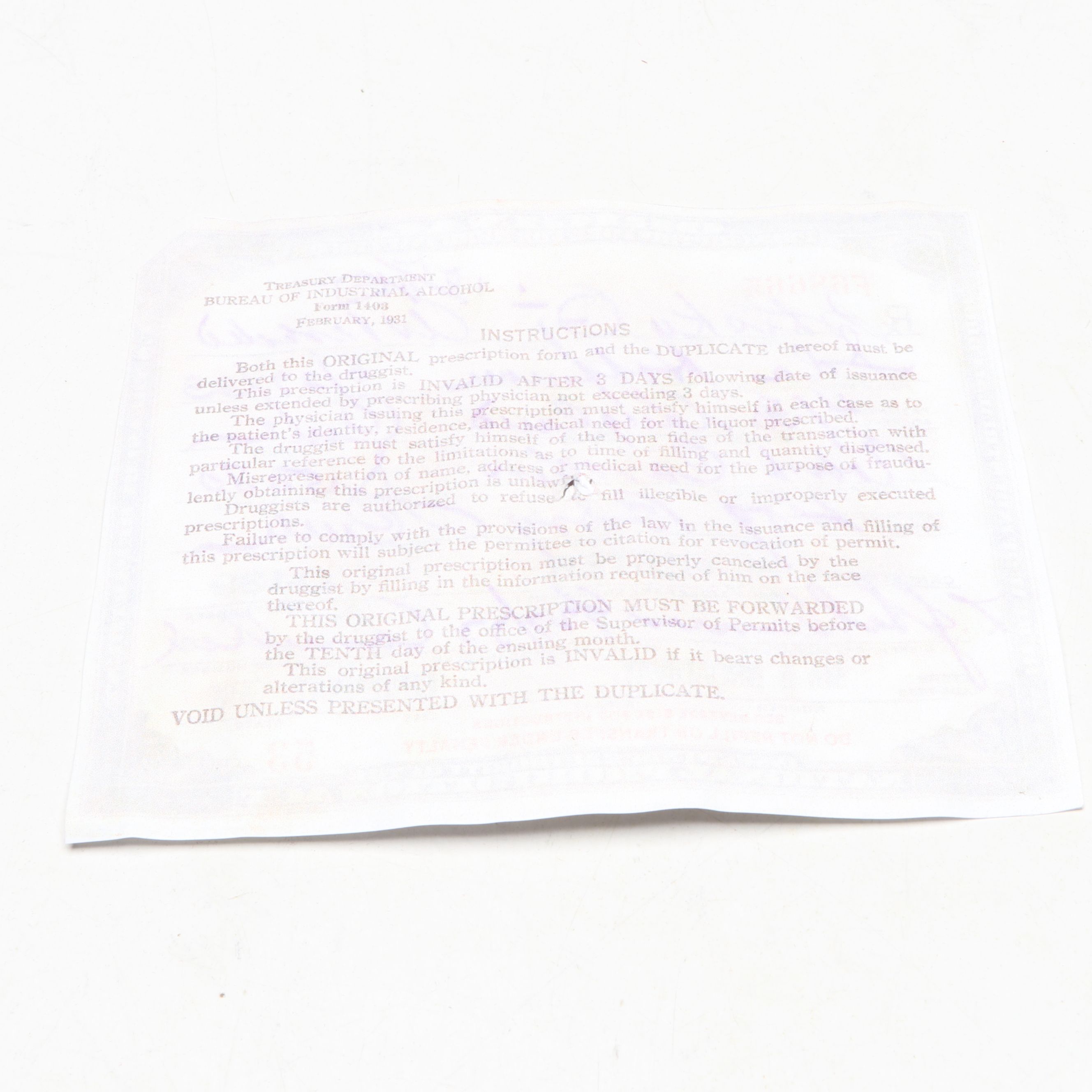 Prohibition Style Whisky Prescription Form with Reproduction Sign