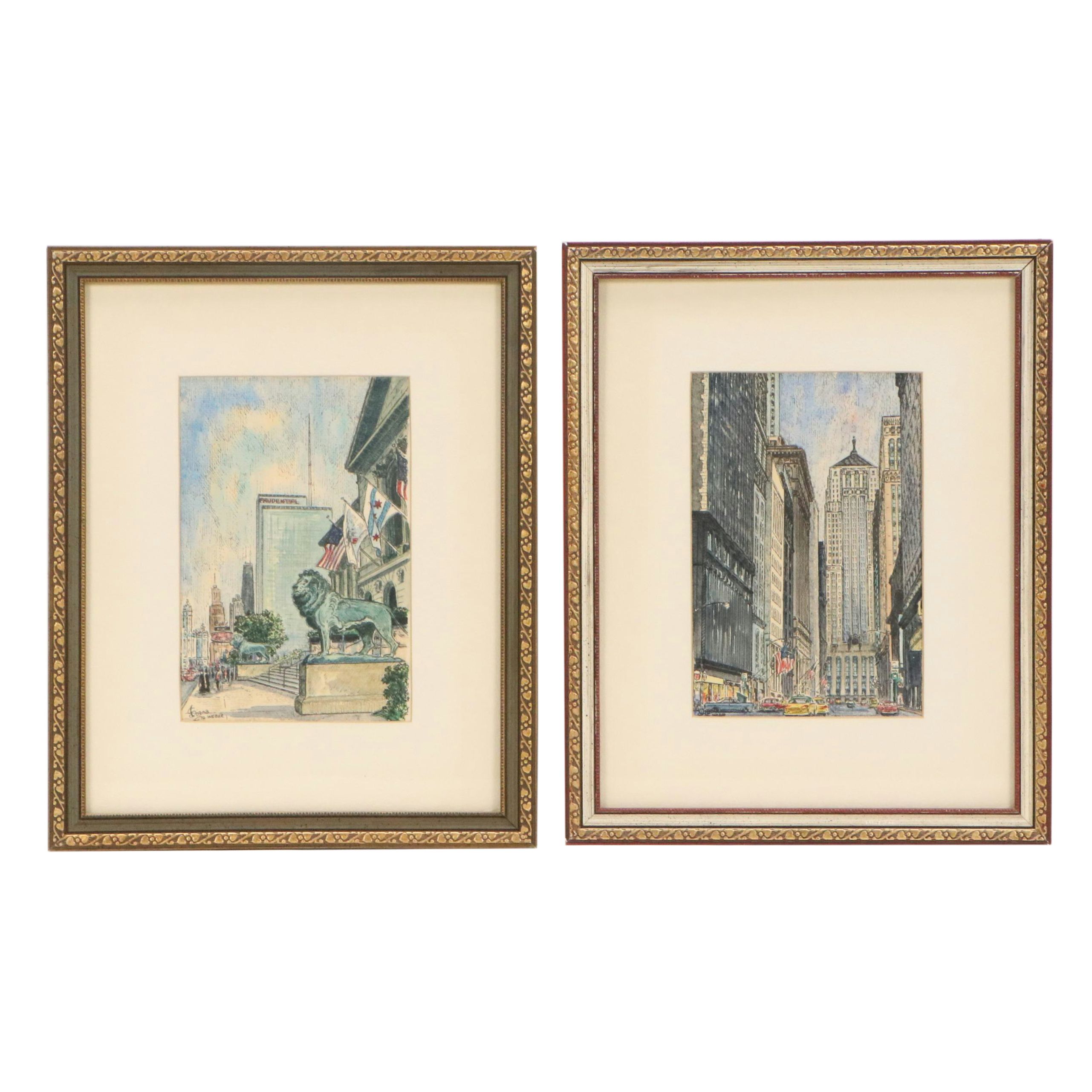 Diana Weber Ink and Watercolor Illustrations of Chicago Scenes, 1972