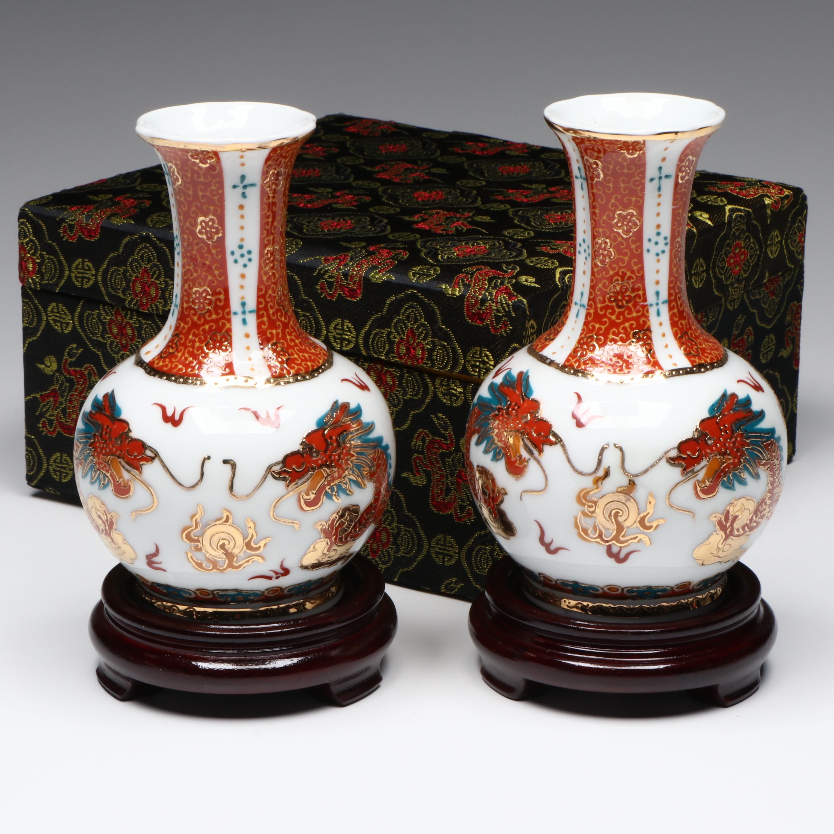 Yi Lin Arts "Treasures of China" Porcelain Bud Vases with Wooden Stands