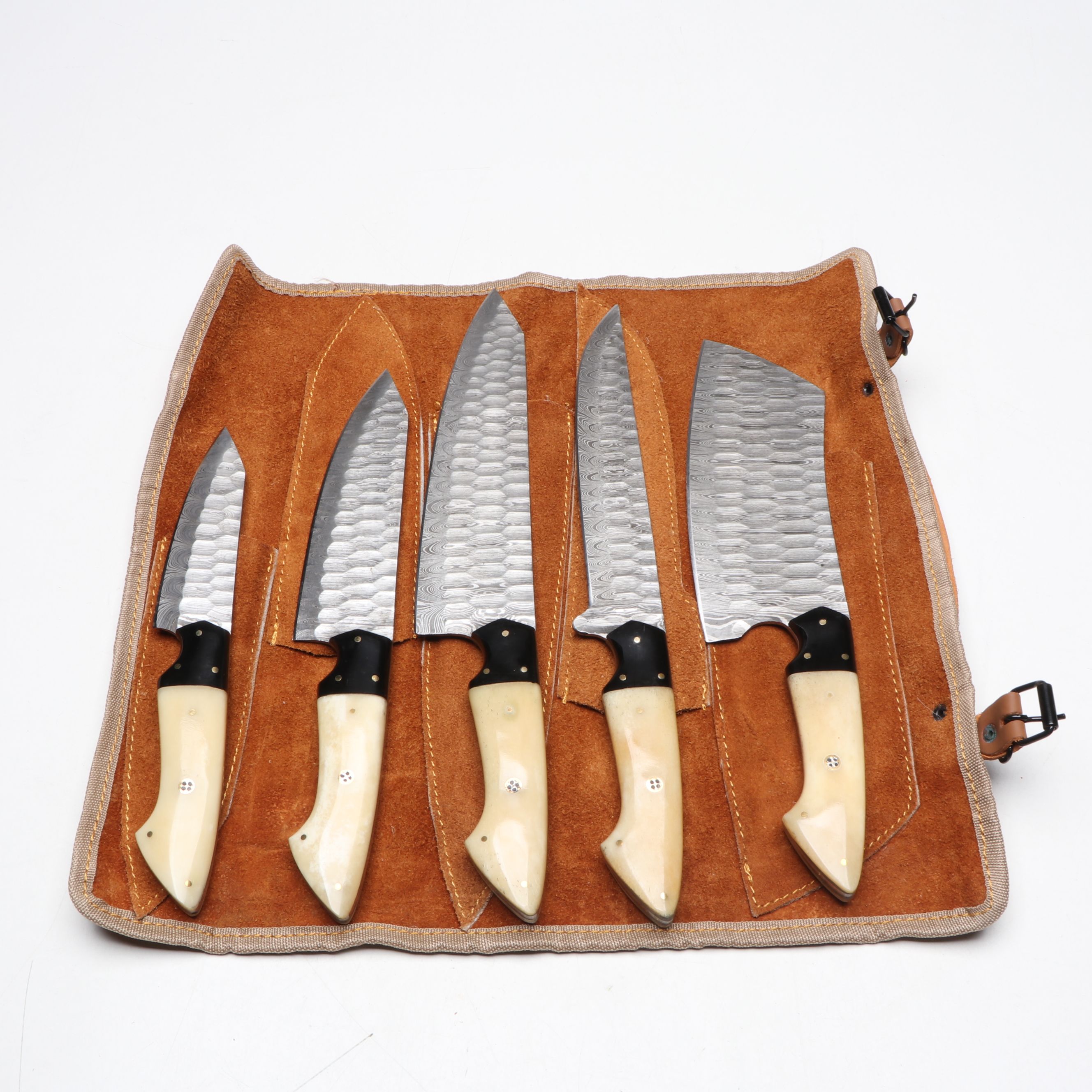 Damascus Steel and Bone Handled Chef's Knife Set in Suede Leather Roll