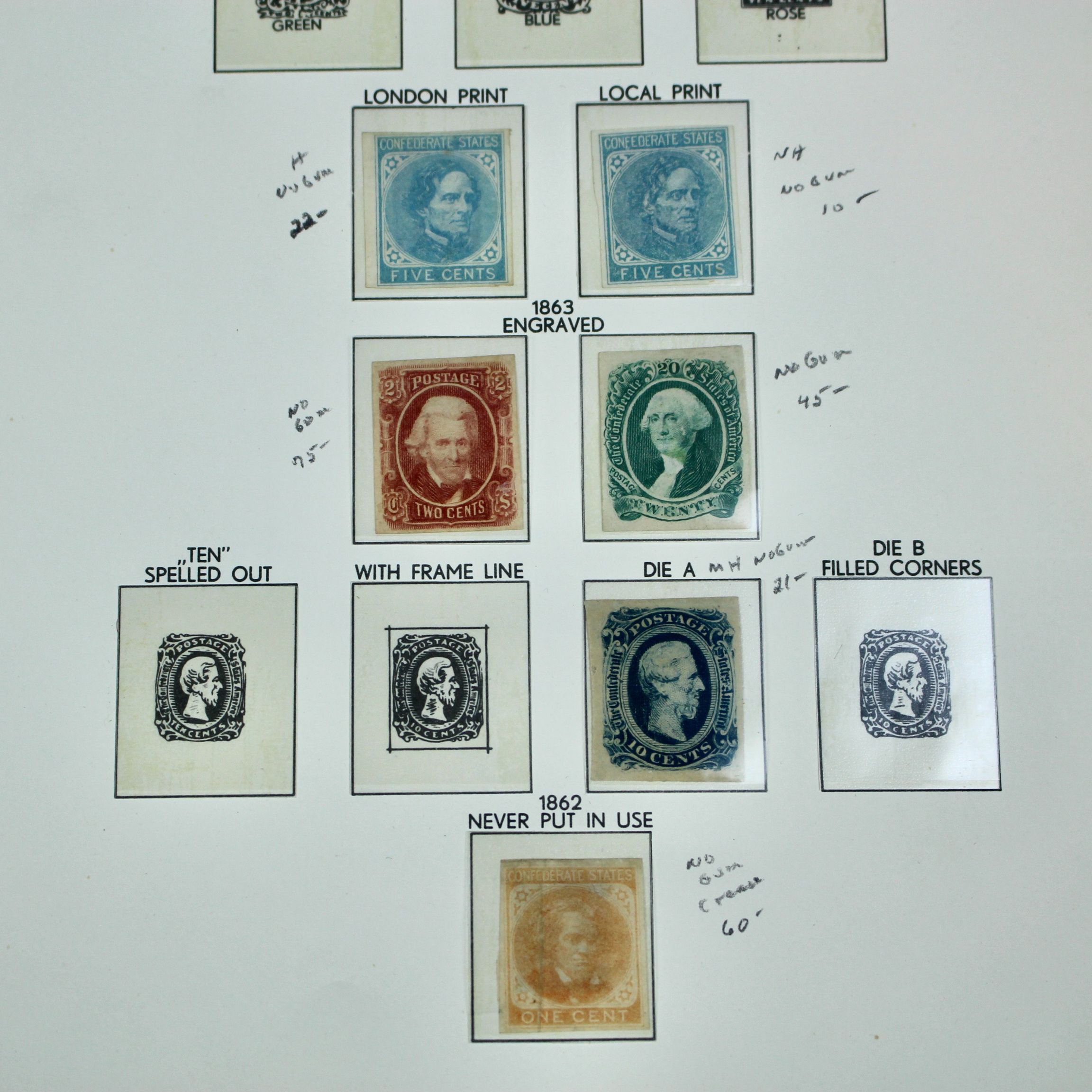 Six Different Confederate States Postage Stamps and Two Different Local Stamps