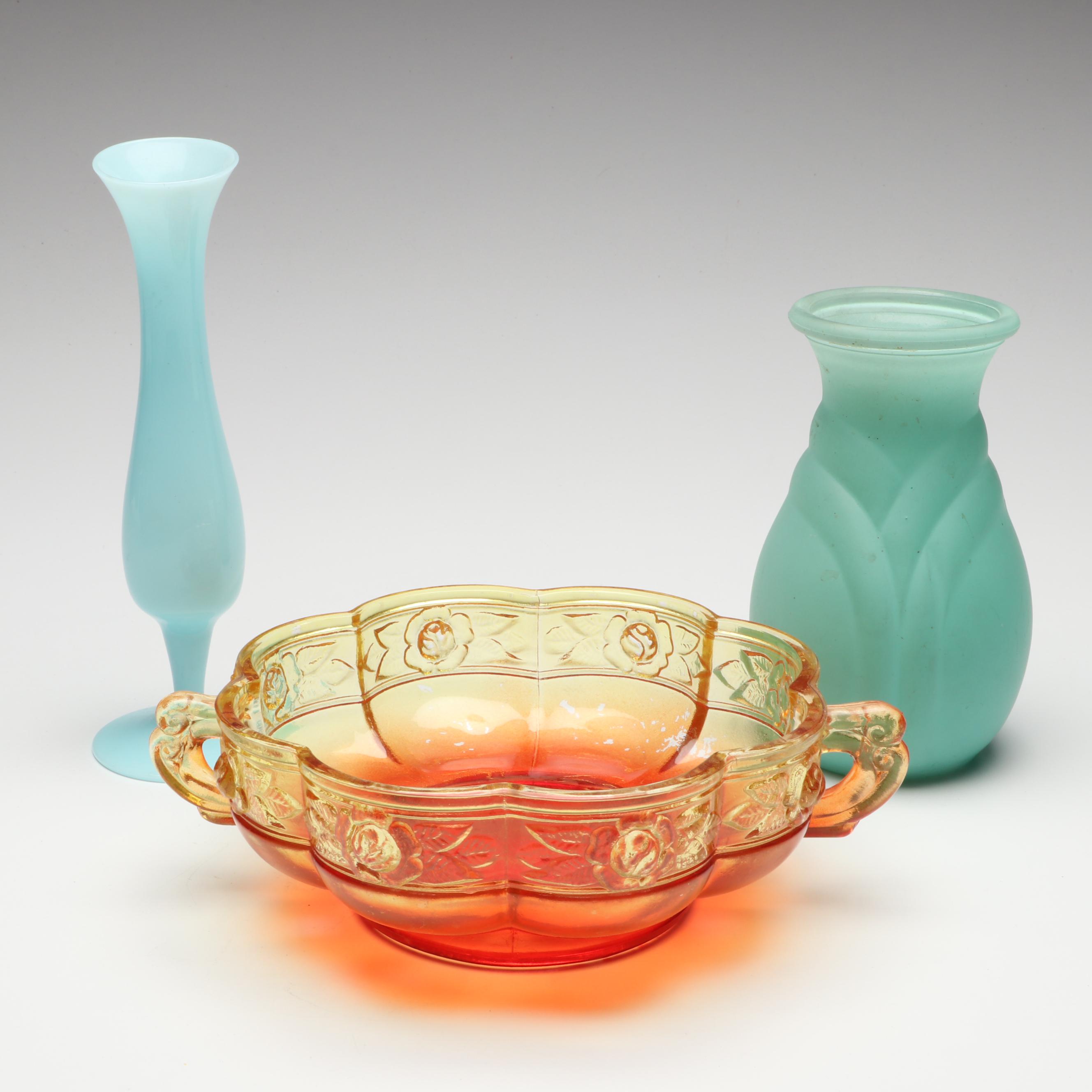 Jeannette "Aztec Rose Amberina" Bowl with Seafoam and Opaline Glass Vases