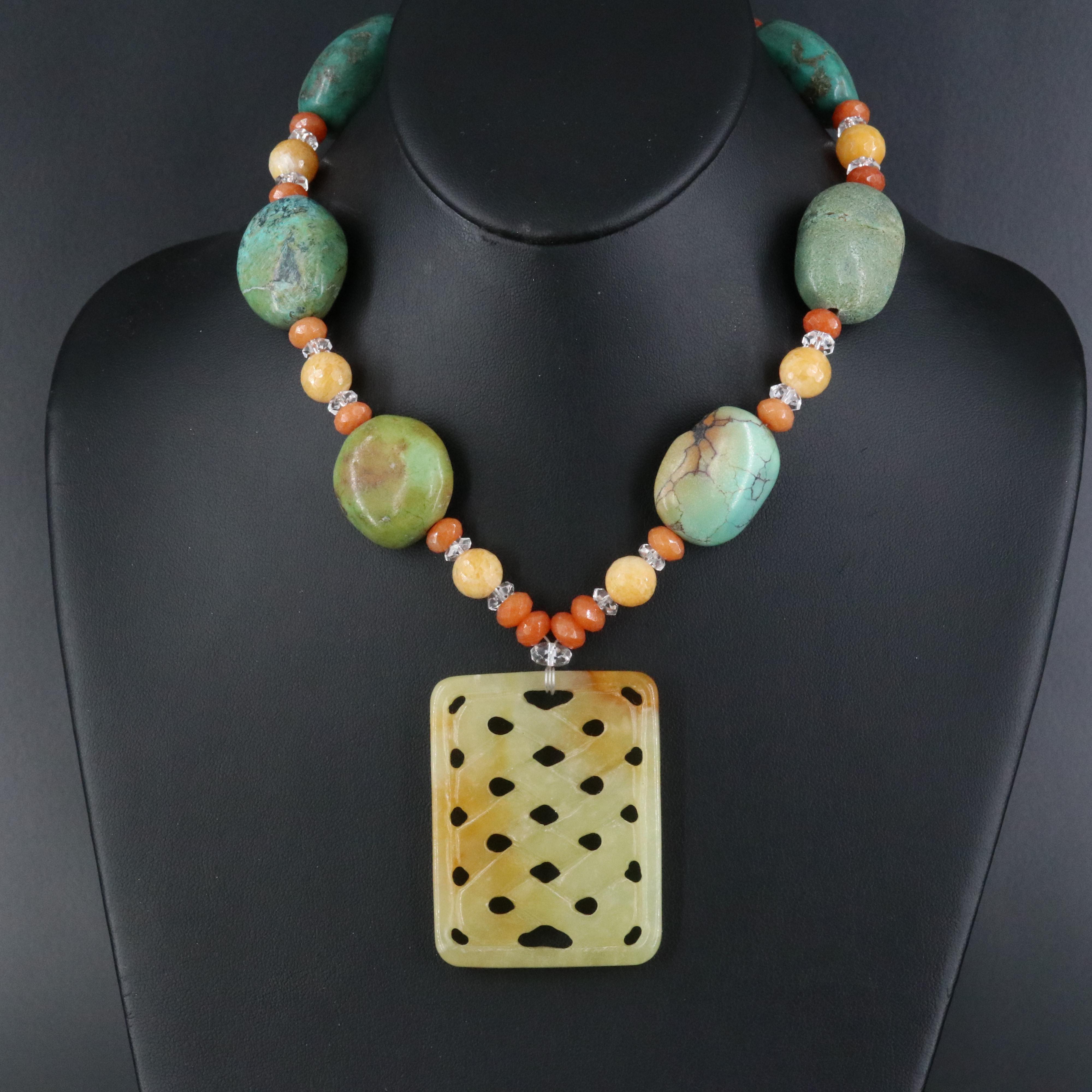 Turquoise, Rock Crystal and Serpentine Necklace with Sterling Clasp