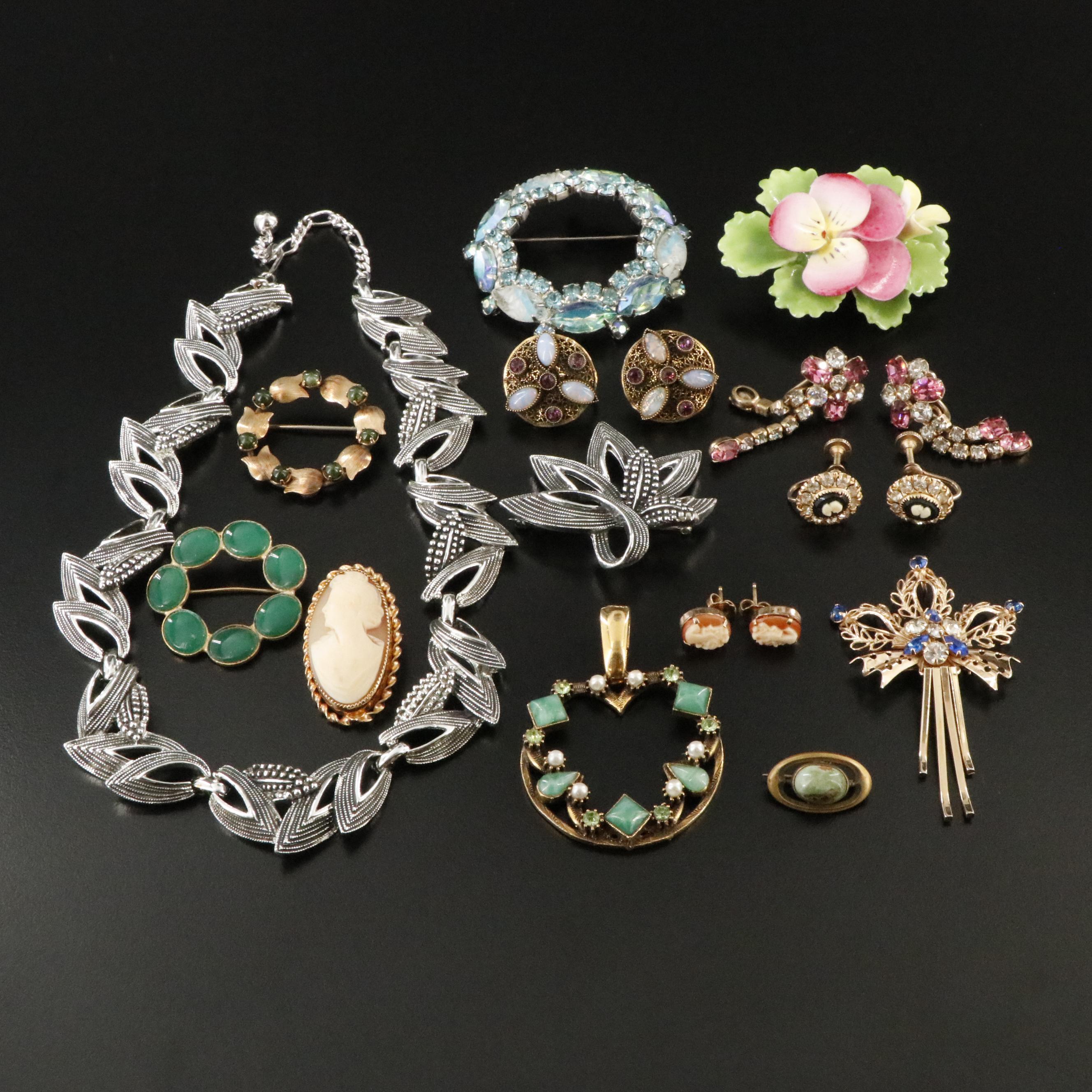 Shell Cameos, Porcelain Flower Brooch and Nephrite Featured in Vintage Jewelry