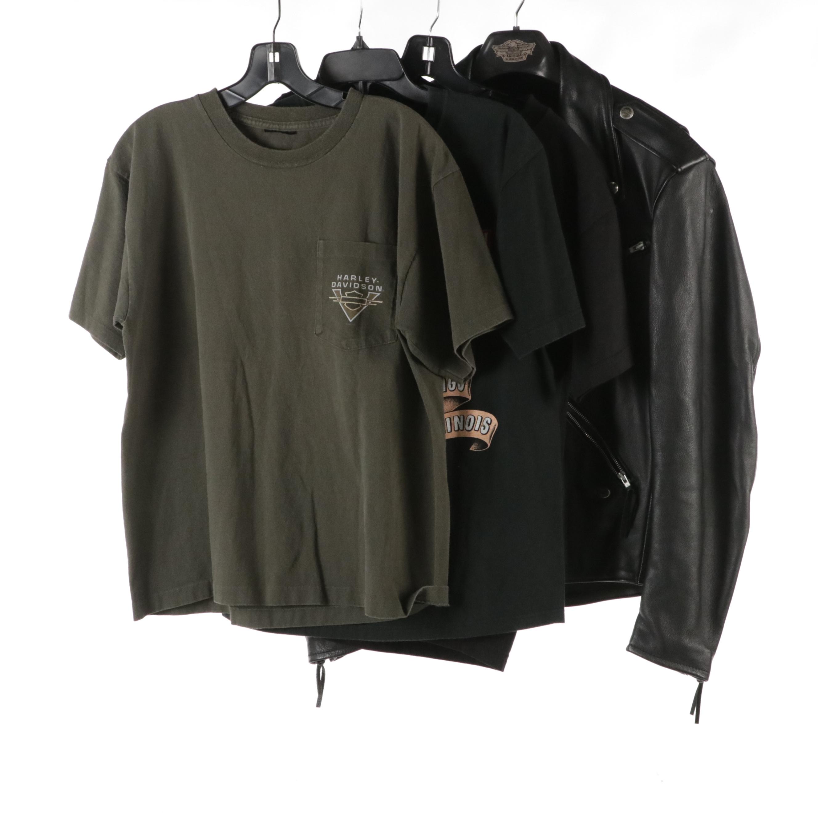 Harley-Davidson Leather Cap, Jacket, Tooled Belt, Zip Pouches, and T-Shirts