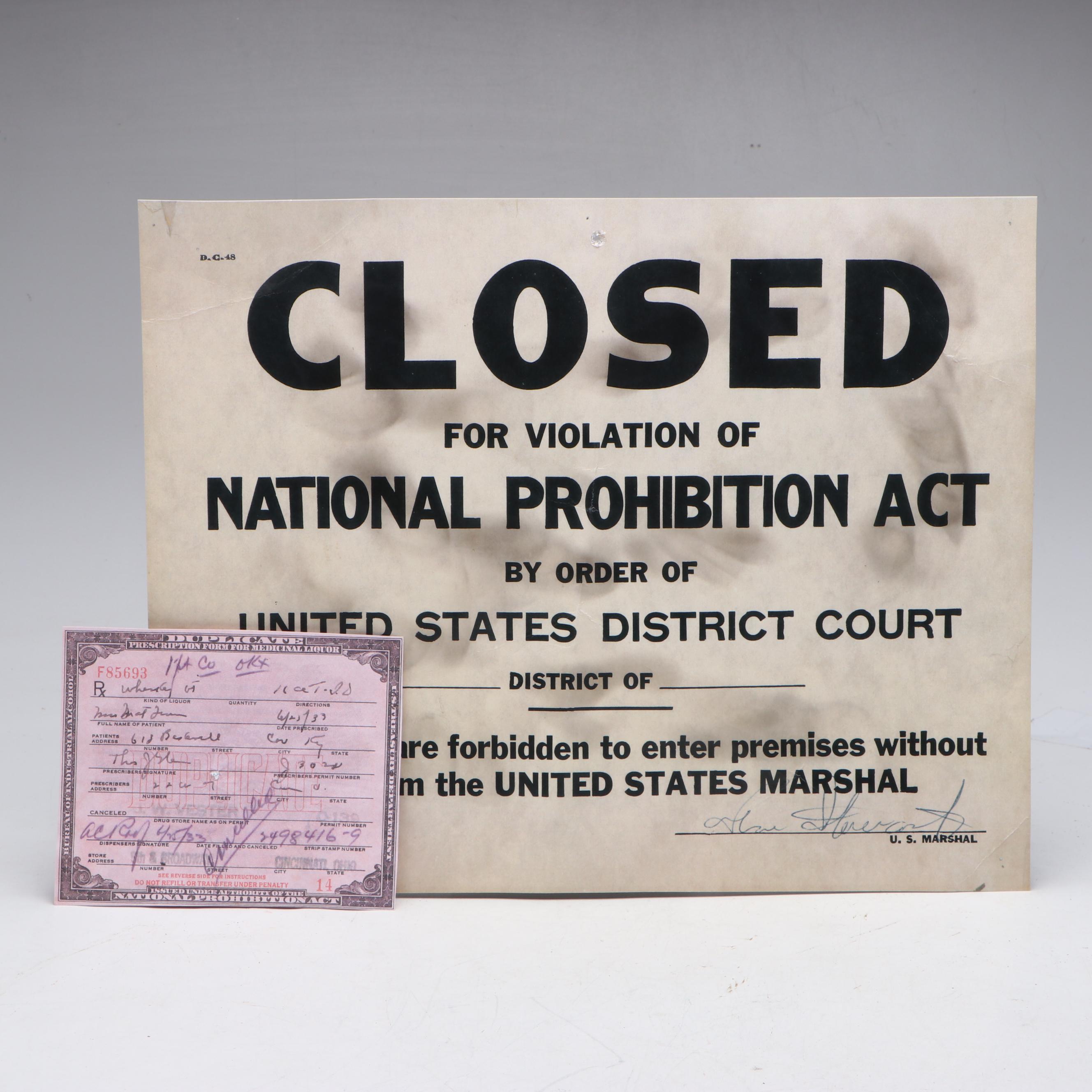 Prohibition Style Whisky Prescription Form with Reproduction Sign