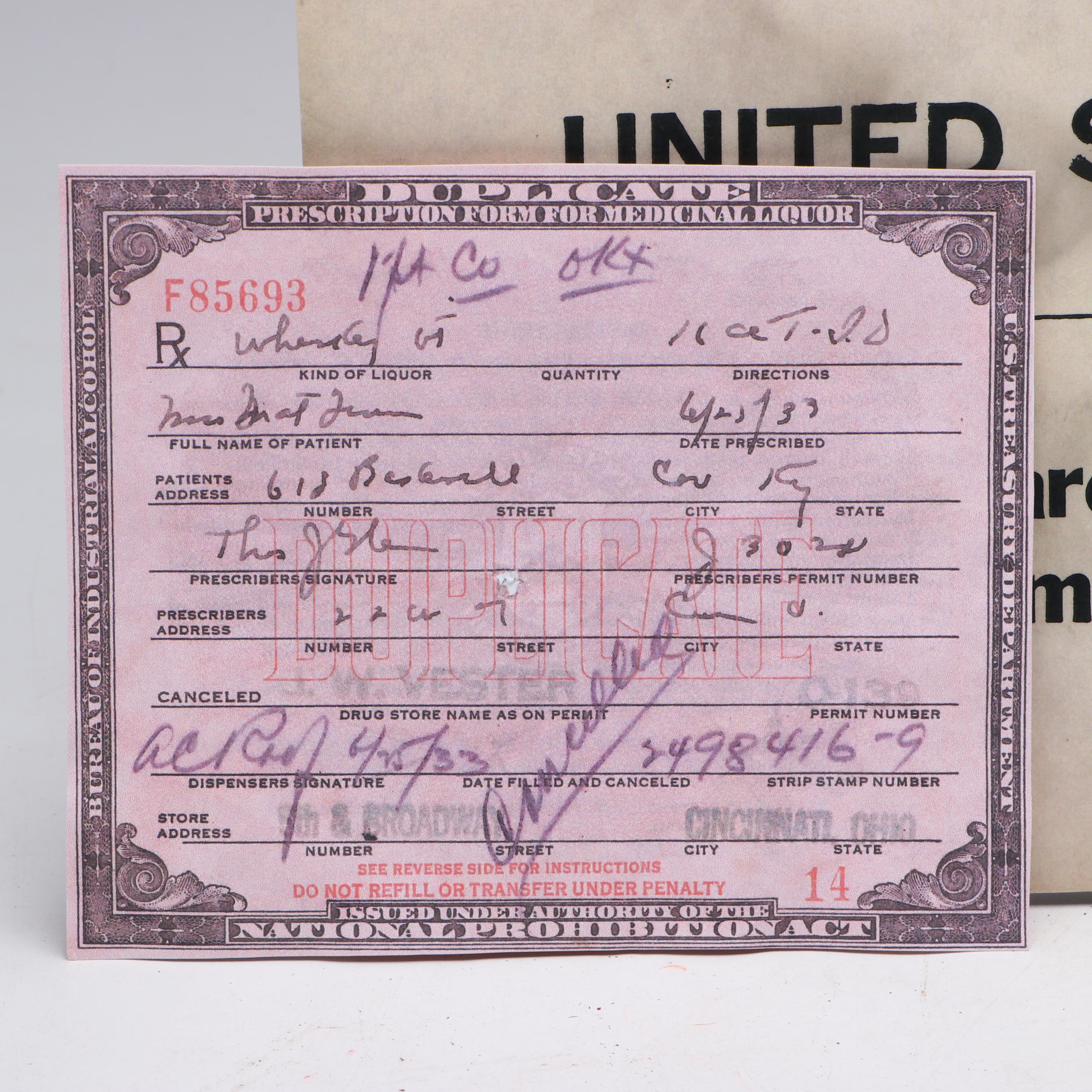 Prohibition Style Whisky Prescription Form with Reproduction Sign