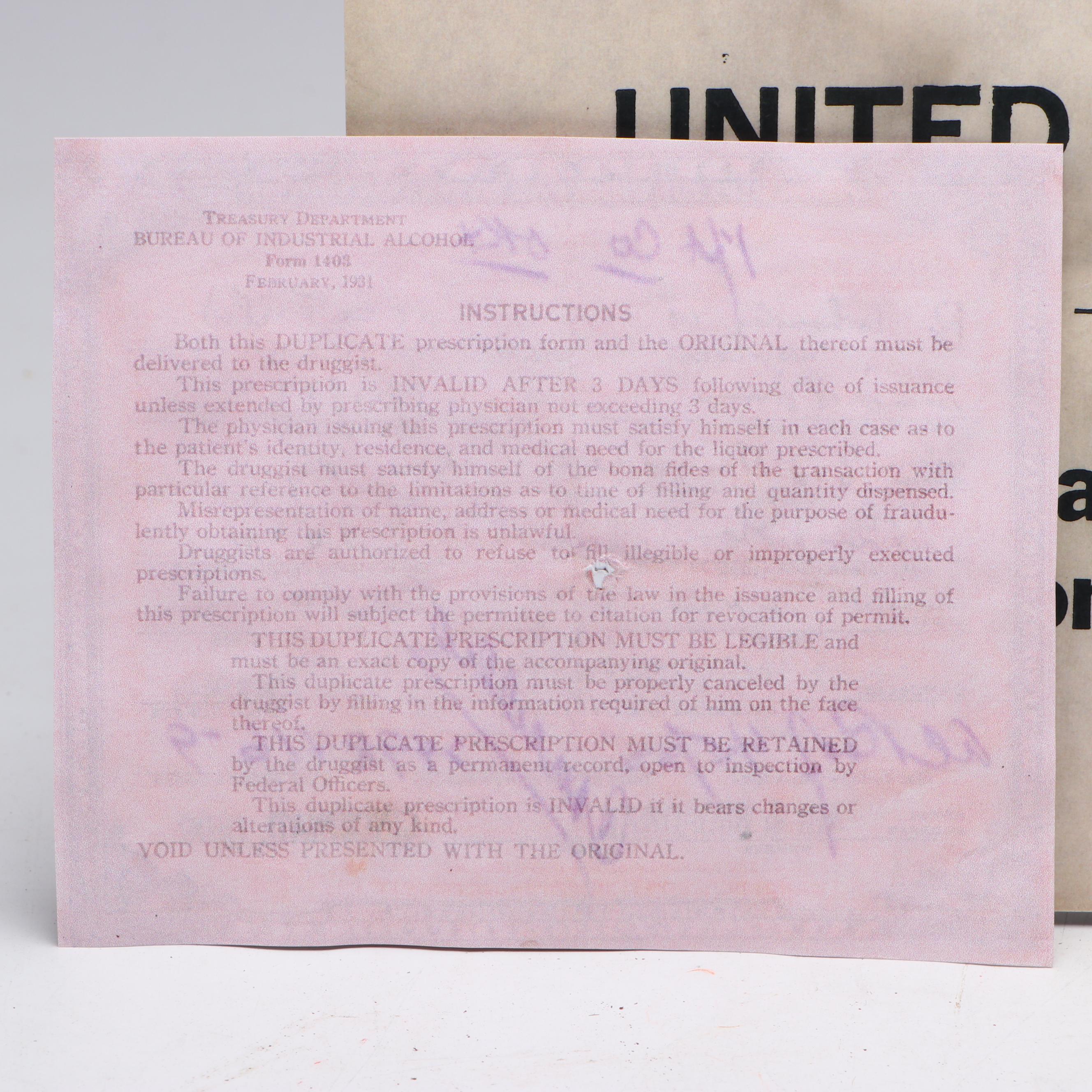 Prohibition Style Whisky Prescription Form with Reproduction Sign