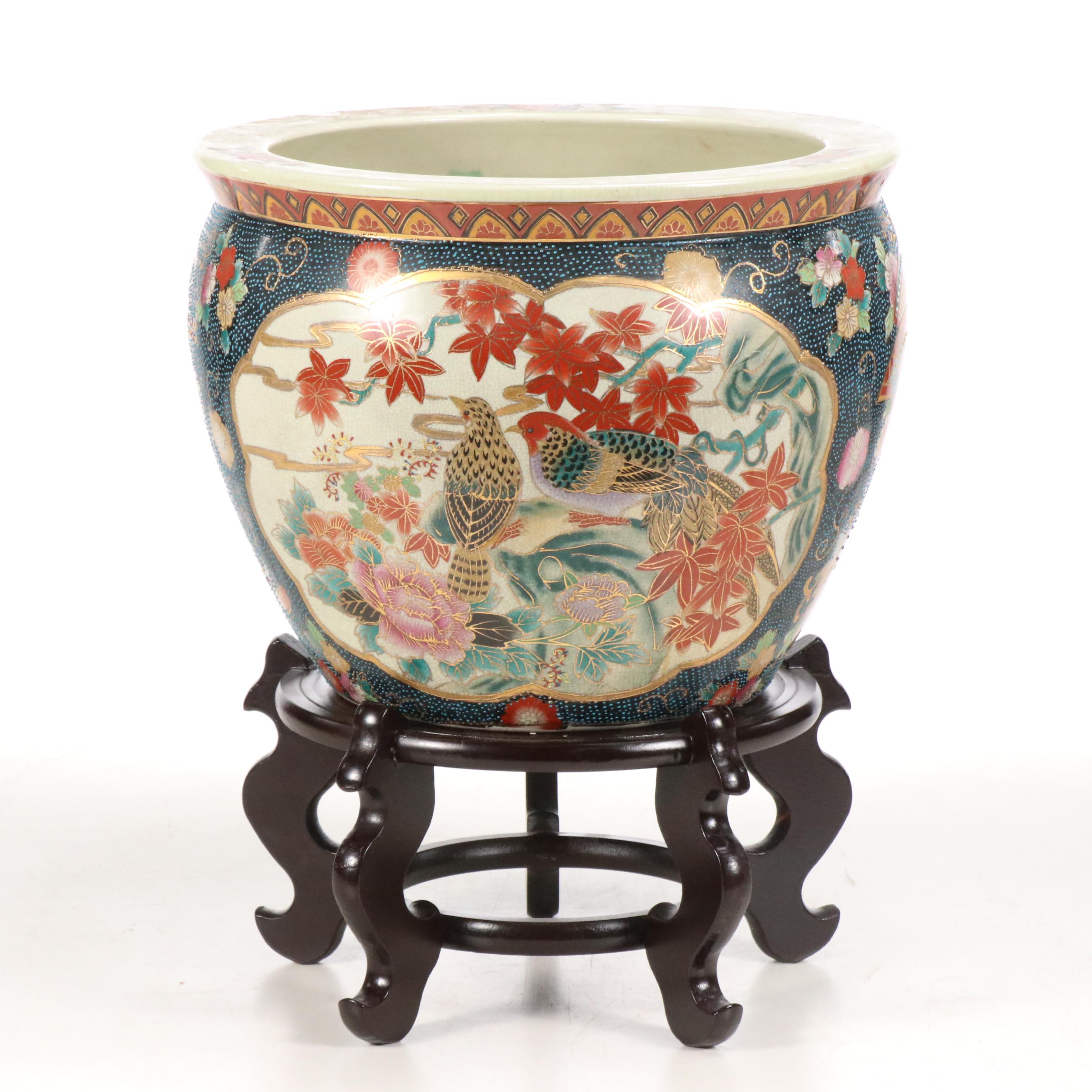 Chinese Satsuma Porcelain Planter with Wooden Stand