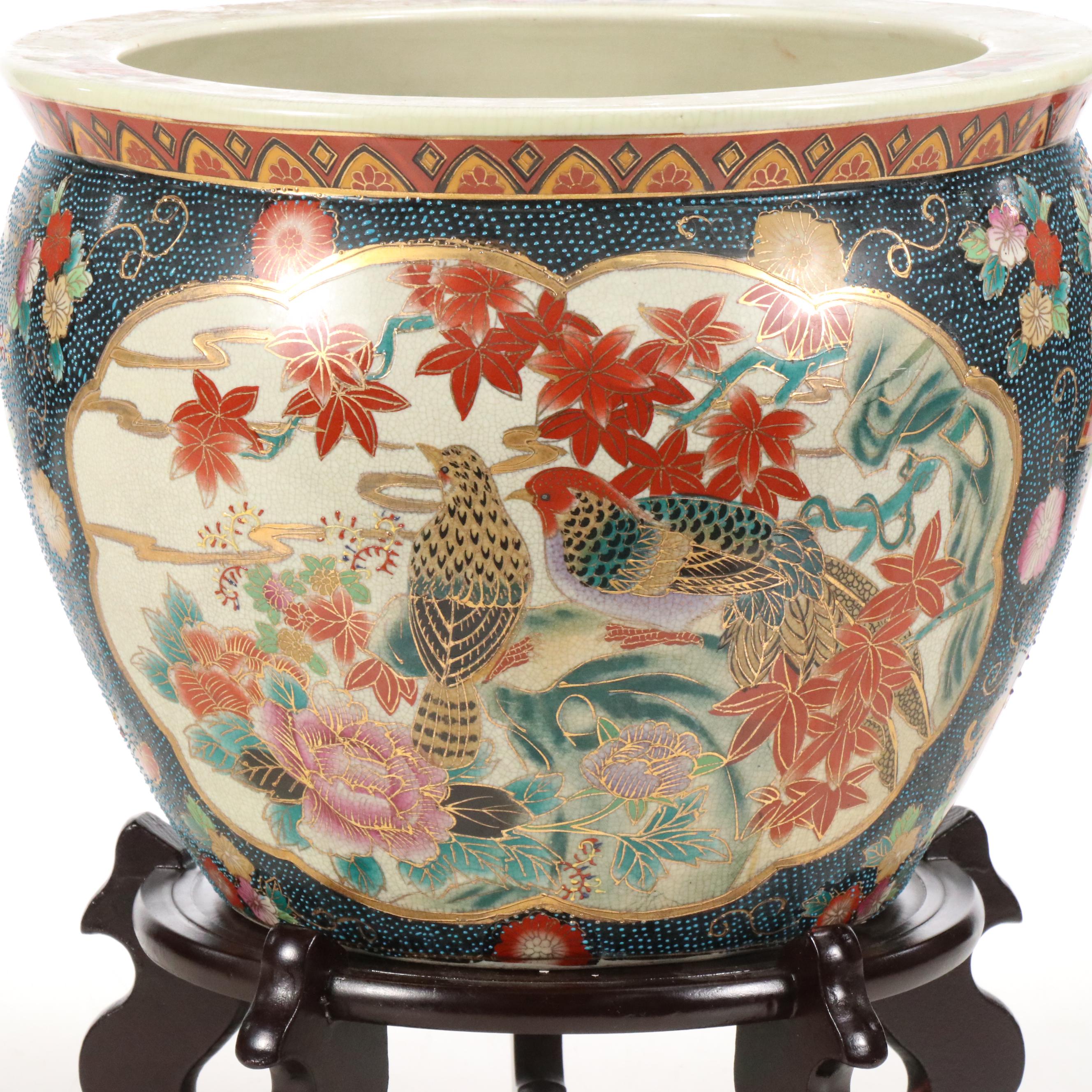 Chinese Satsuma Porcelain Planter with Wooden Stand