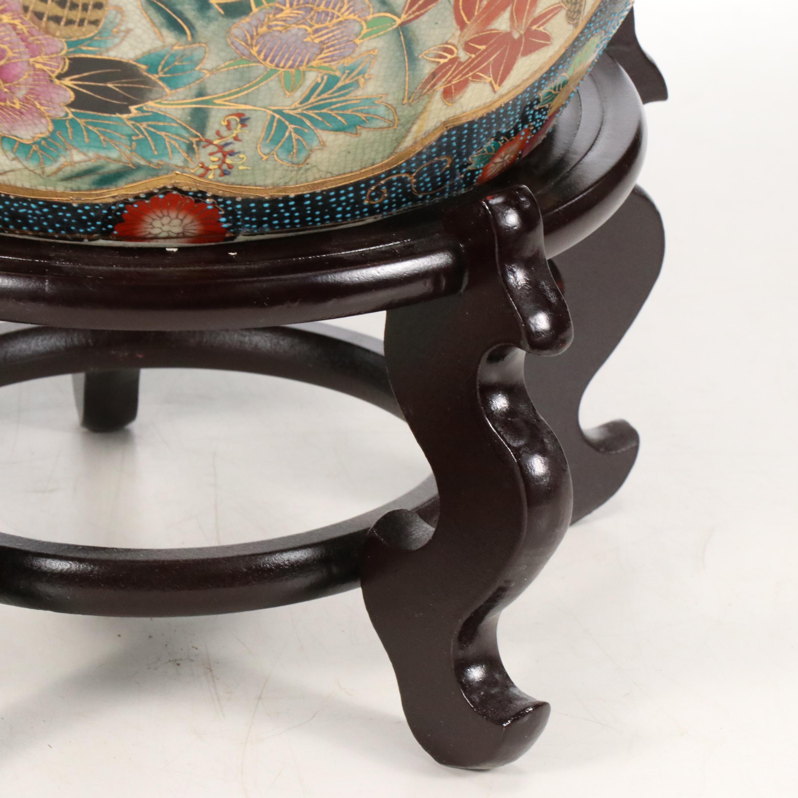 Chinese Satsuma Porcelain Planter with Wooden Stand