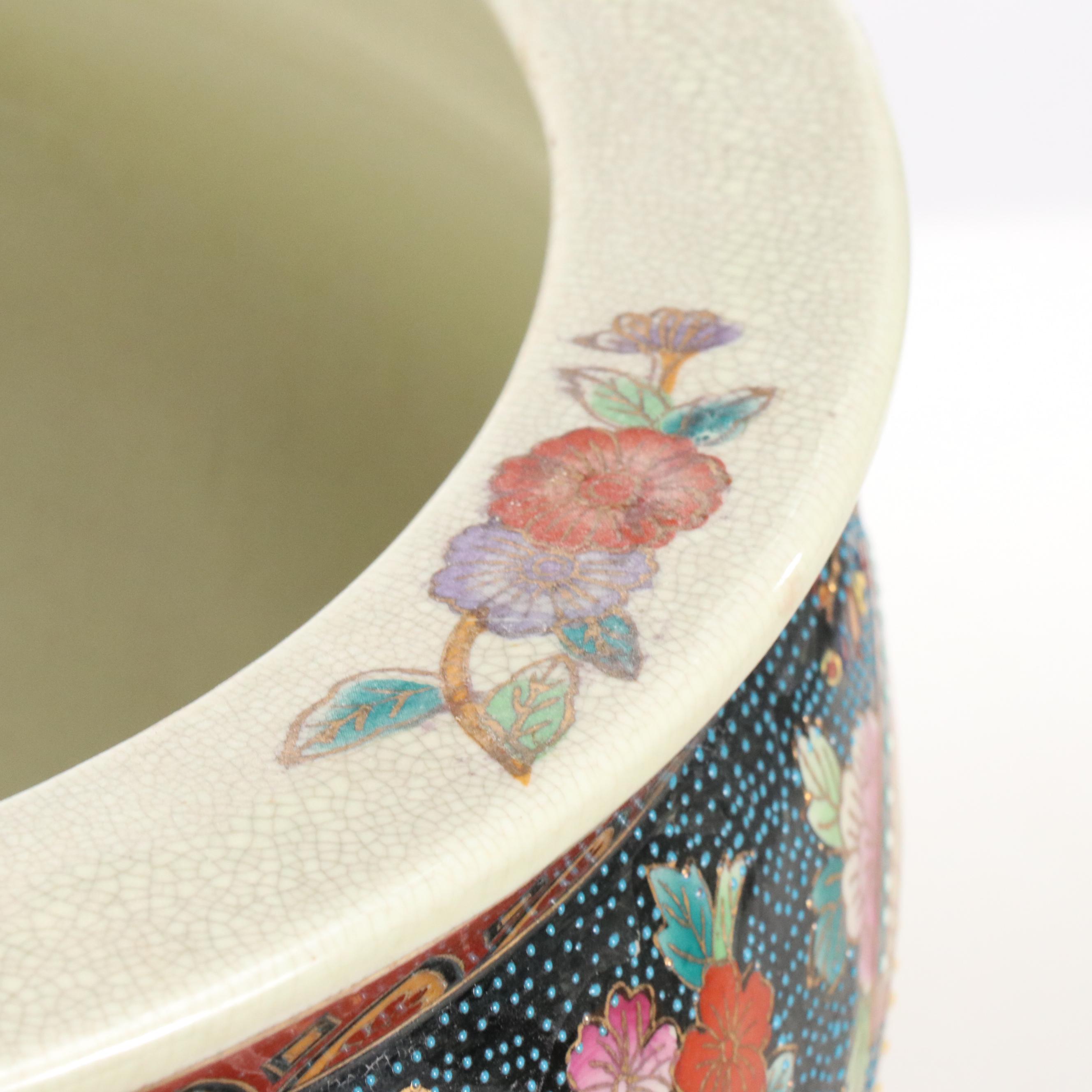 Chinese Satsuma Porcelain Planter with Wooden Stand