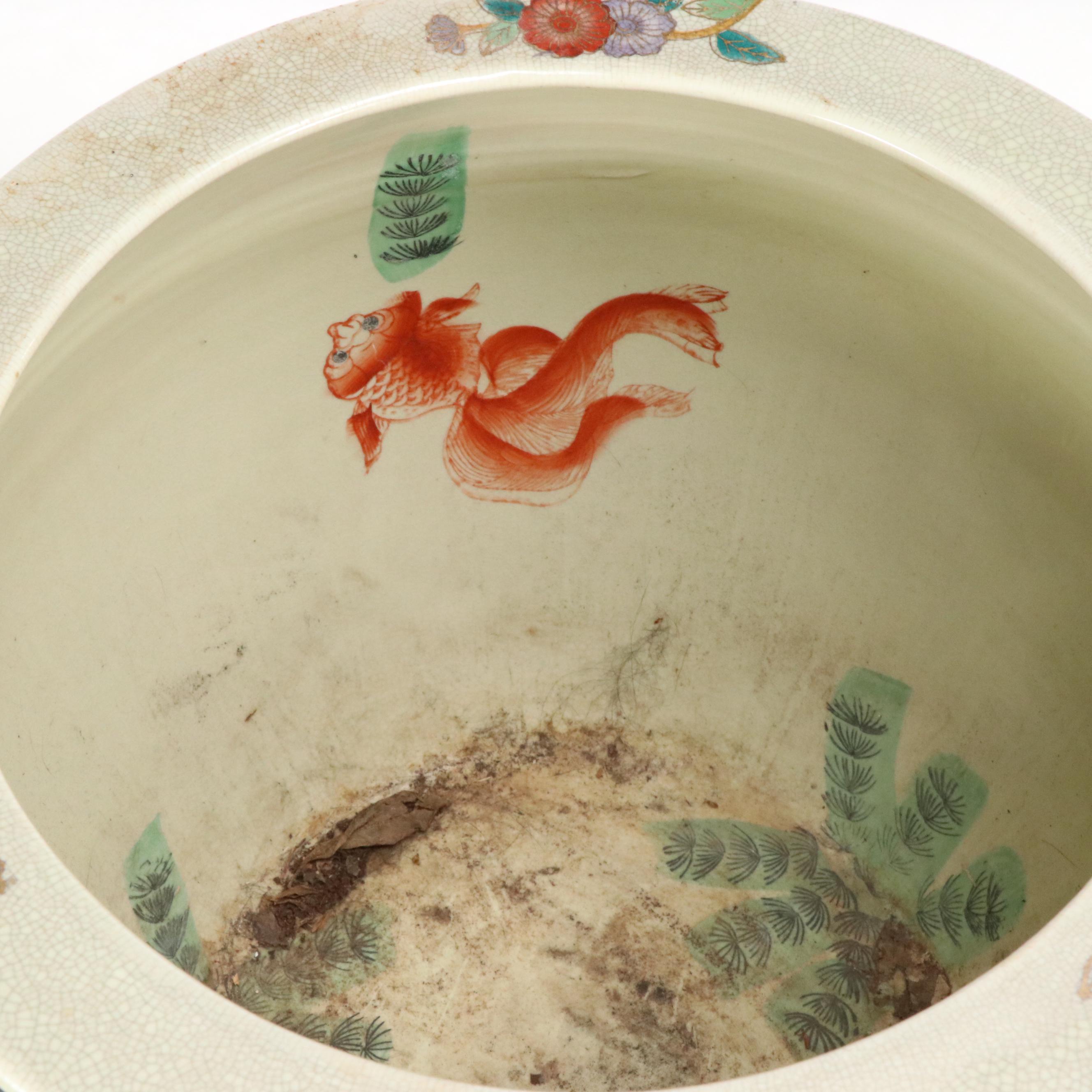 Chinese Satsuma Porcelain Planter with Wooden Stand