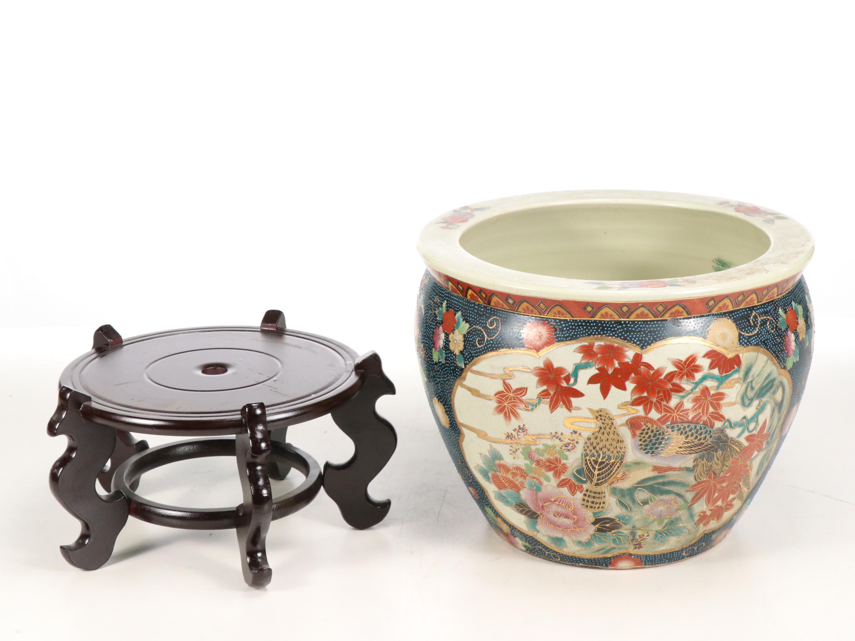 Chinese Satsuma Porcelain Planter with Wooden Stand