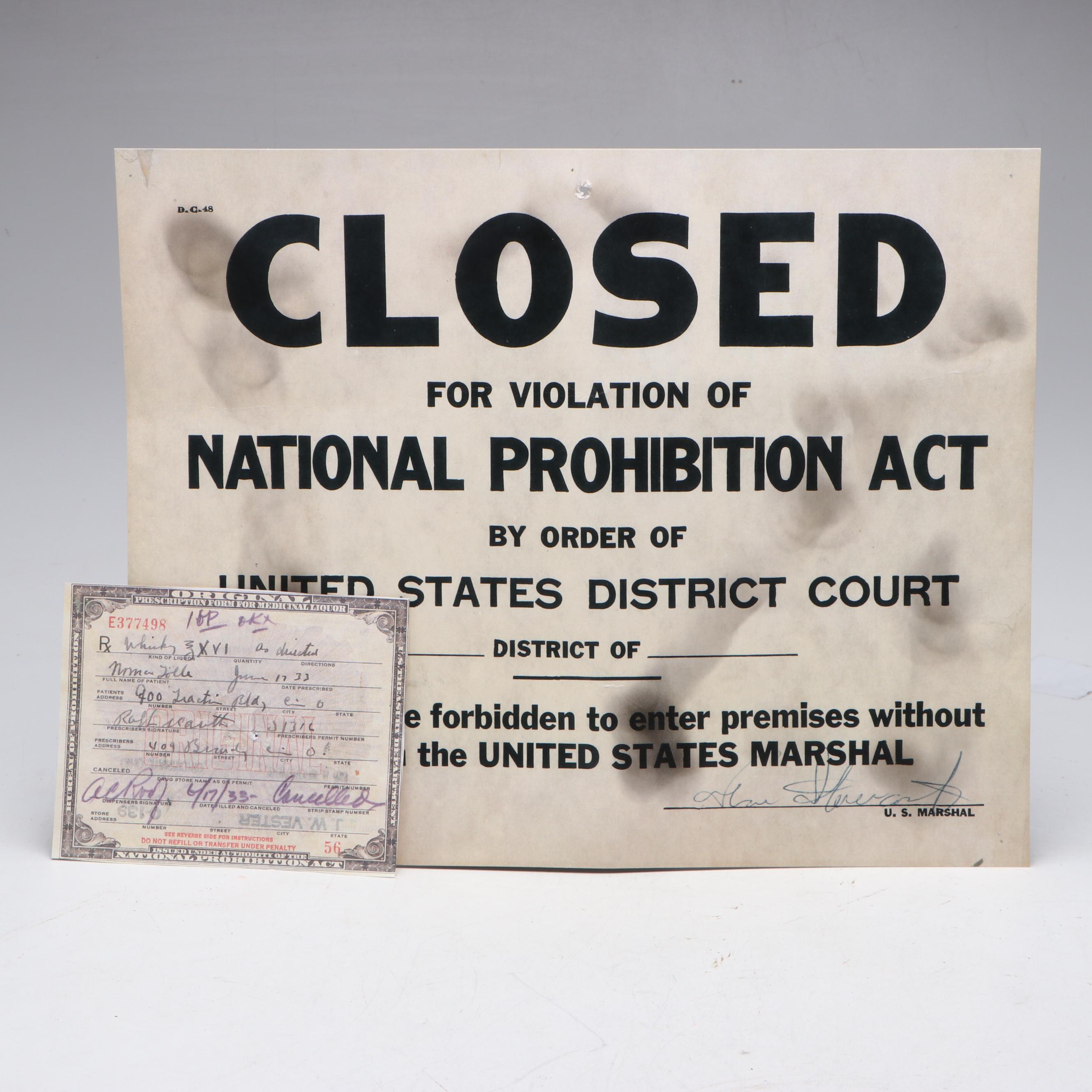 Prohibition Style Whisky Prescription Form with Reproduction Sign