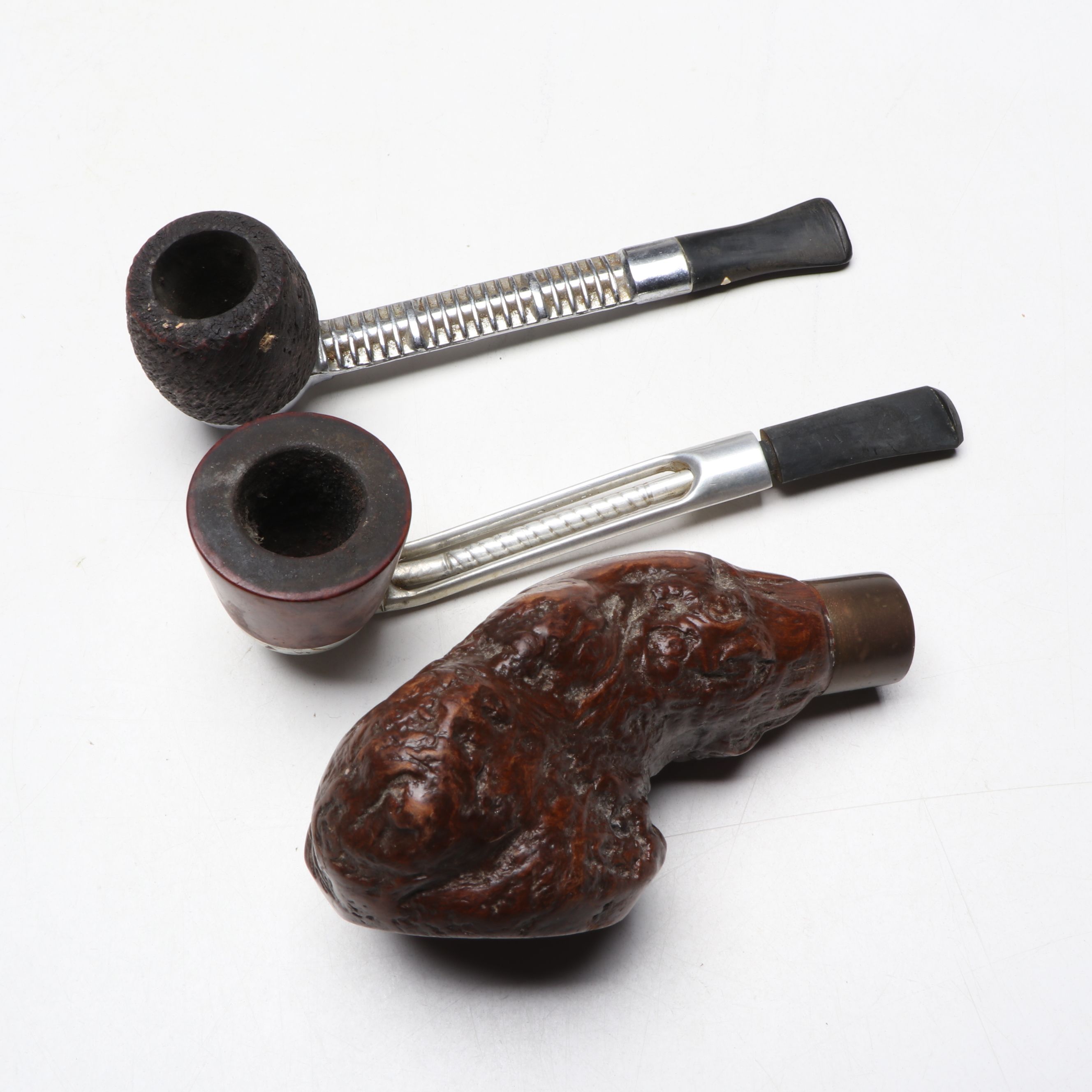 Falcon Radiator Pipe, and Burl, Meerschaum, Corncob Pipes with Stands