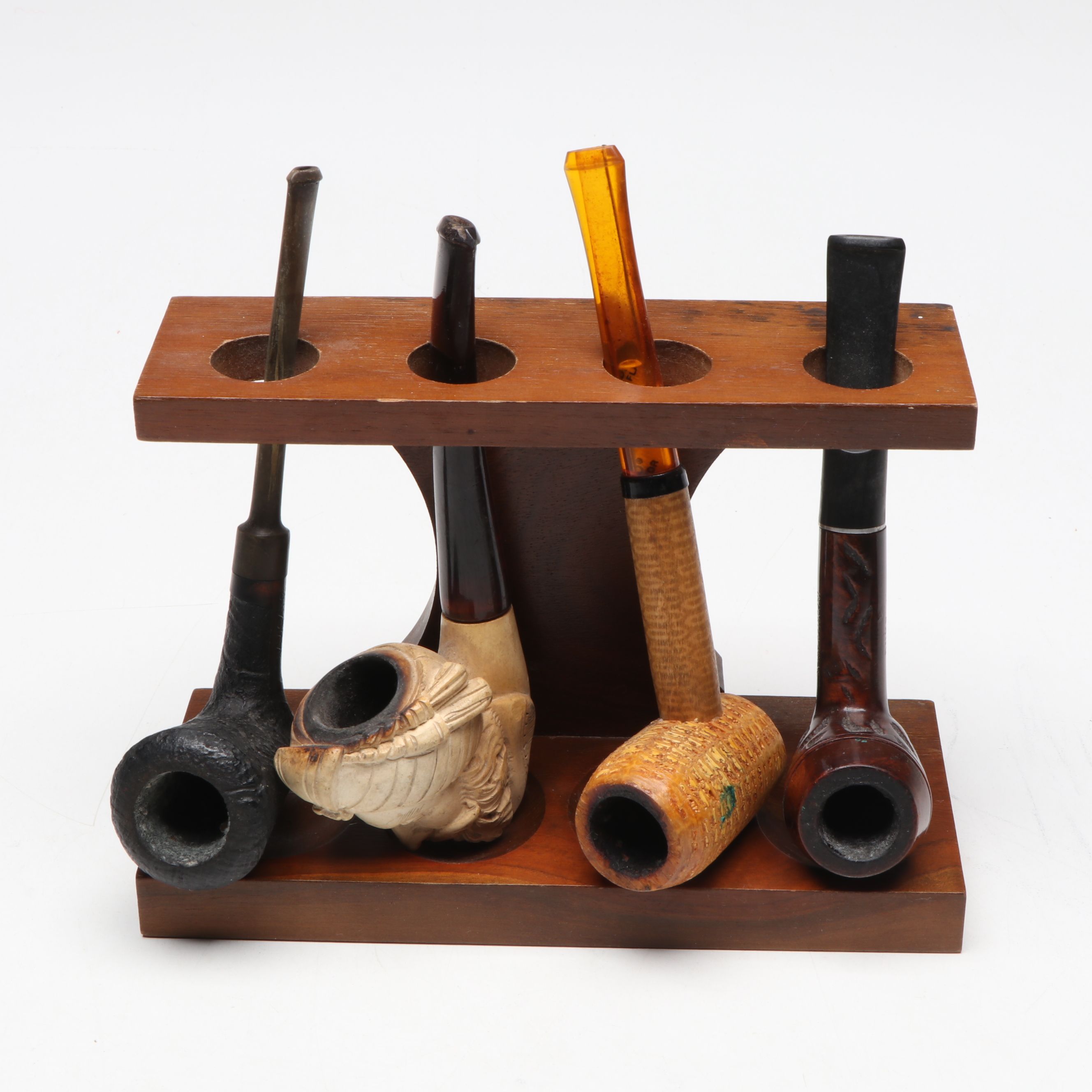 Falcon Radiator Pipe, and Burl, Meerschaum, Corncob Pipes with Stands