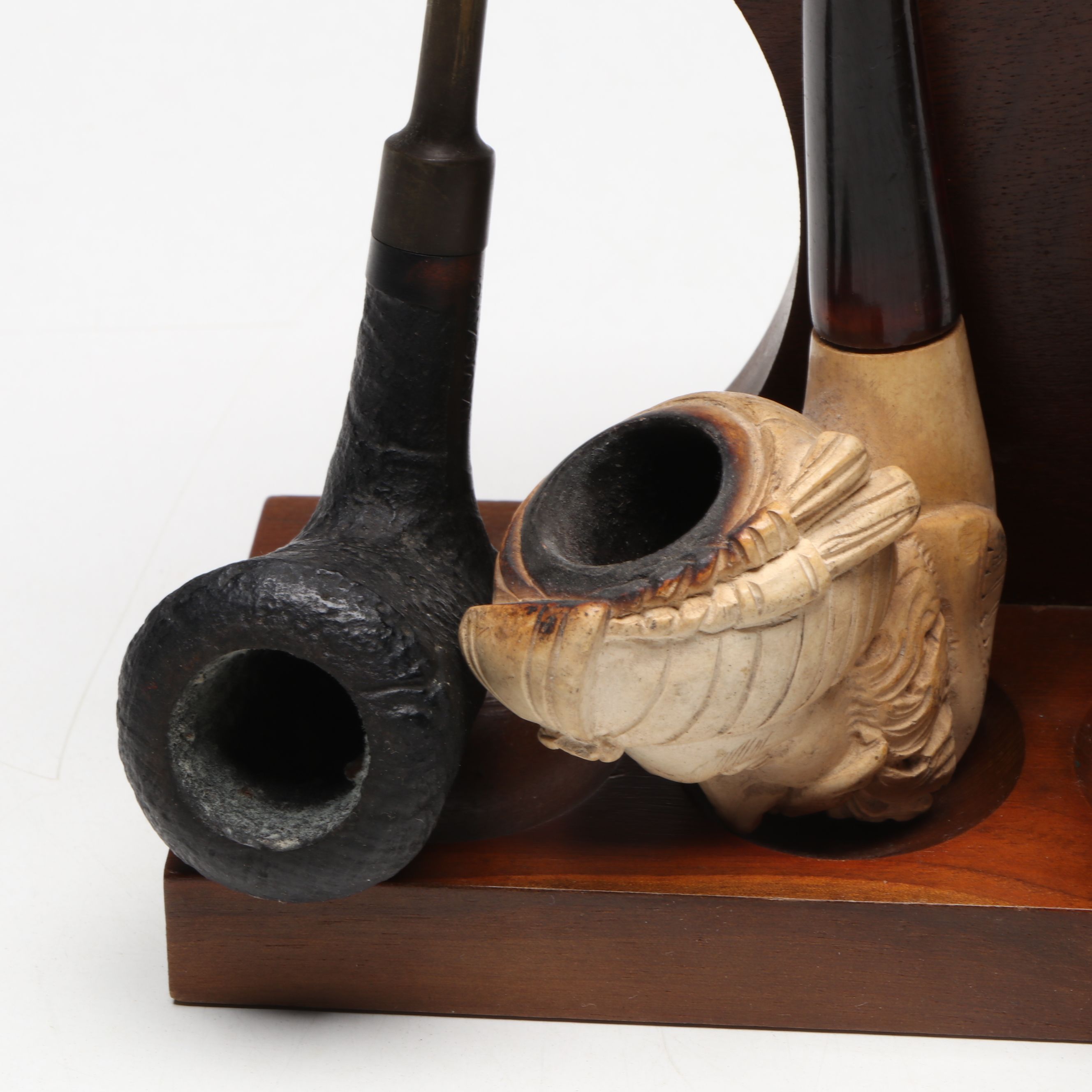 Falcon Radiator Pipe, and Burl, Meerschaum, Corncob Pipes with Stands