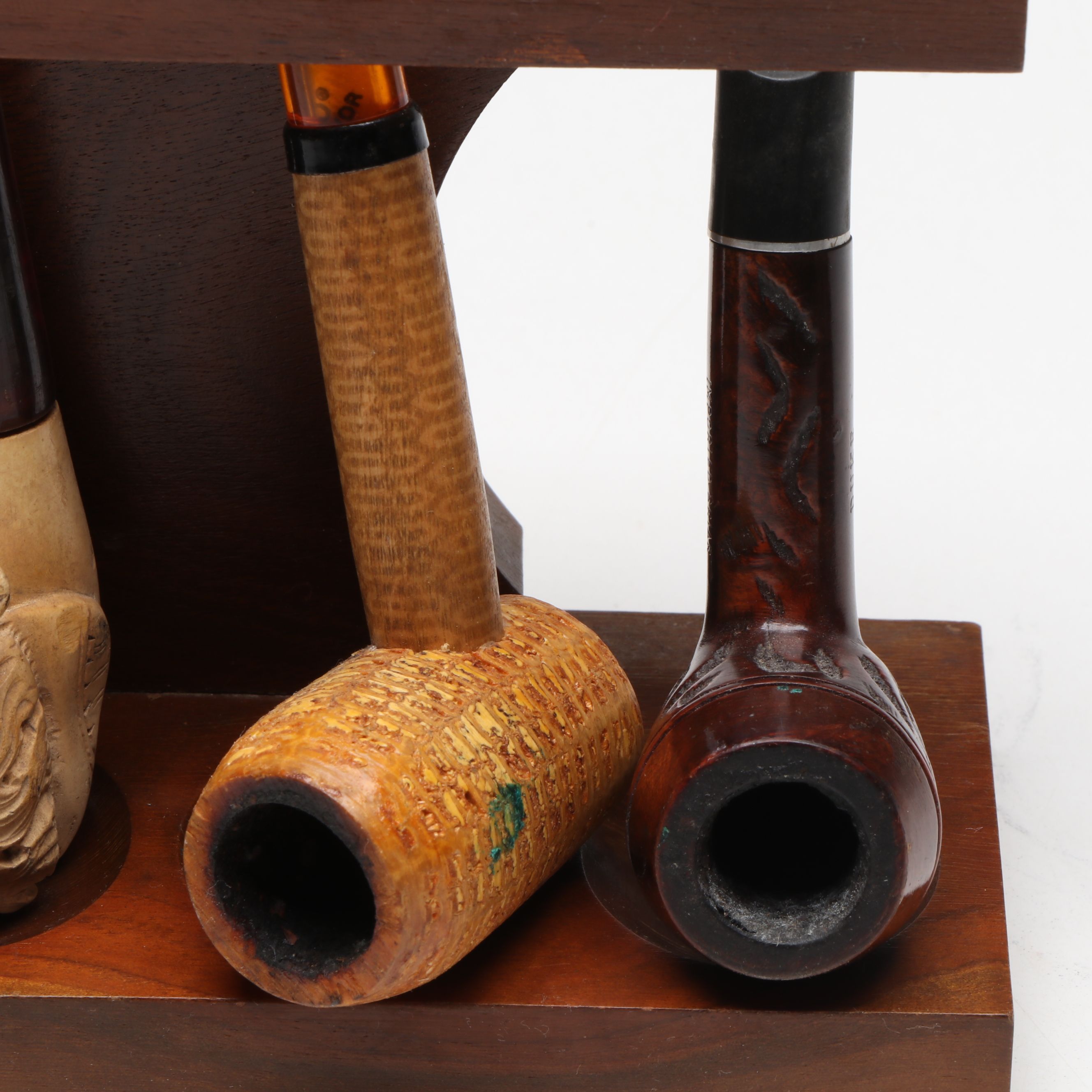 Falcon Radiator Pipe, and Burl, Meerschaum, Corncob Pipes with Stands