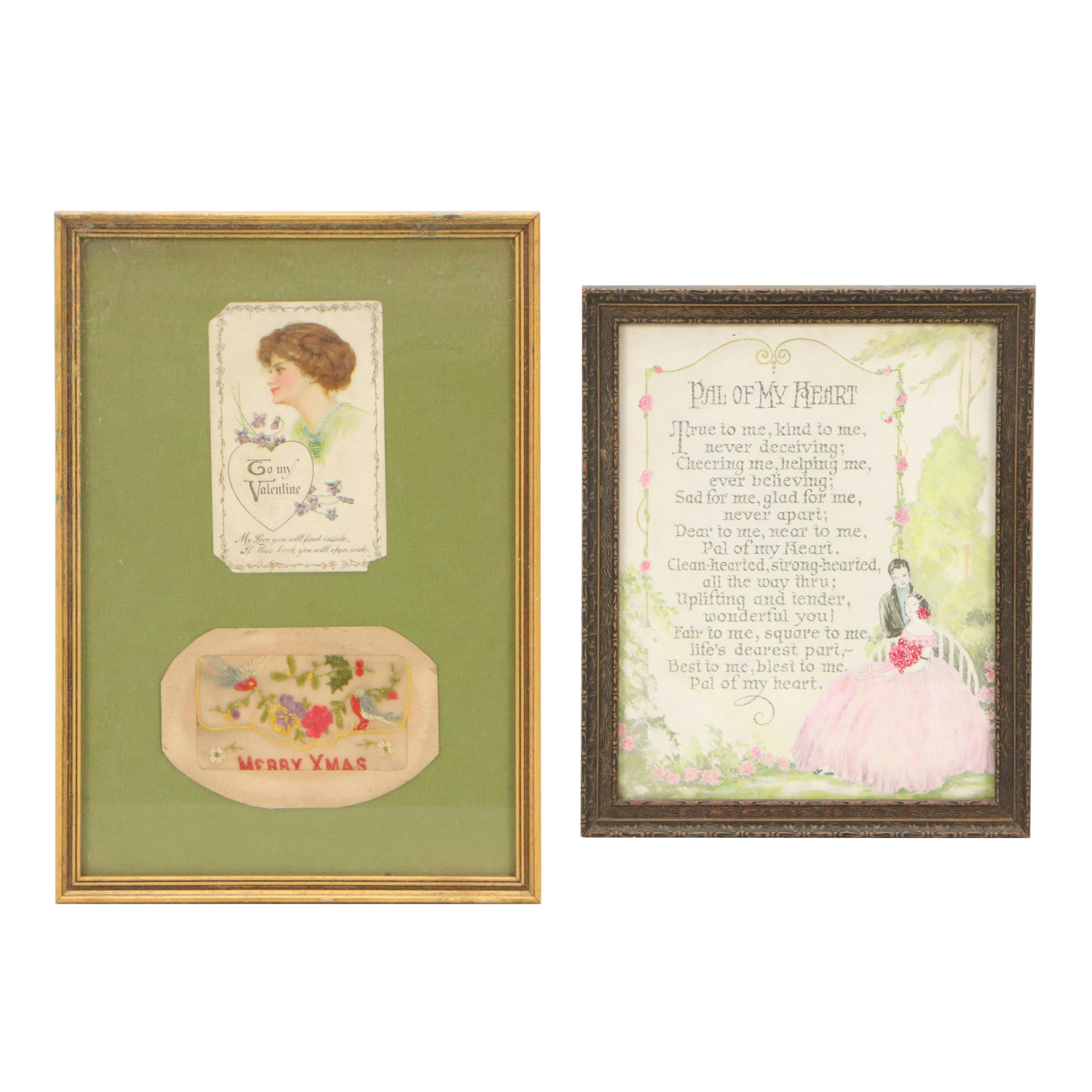 Framed Christmas Embroidery and Valentine Card with "Pal of My Heart" Poem