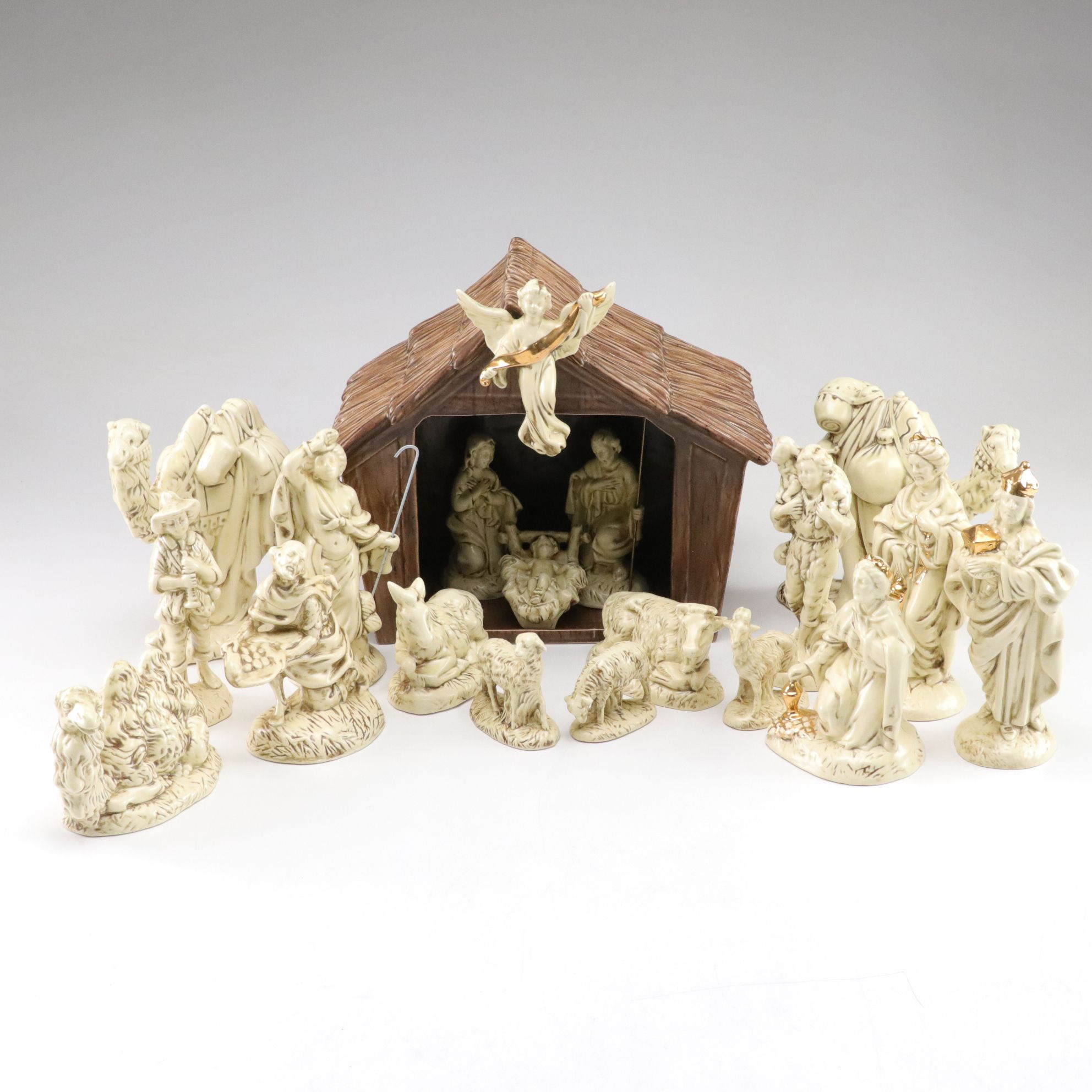 Atlantic Mold Gilt Ceramic Nativity Scene with Barn