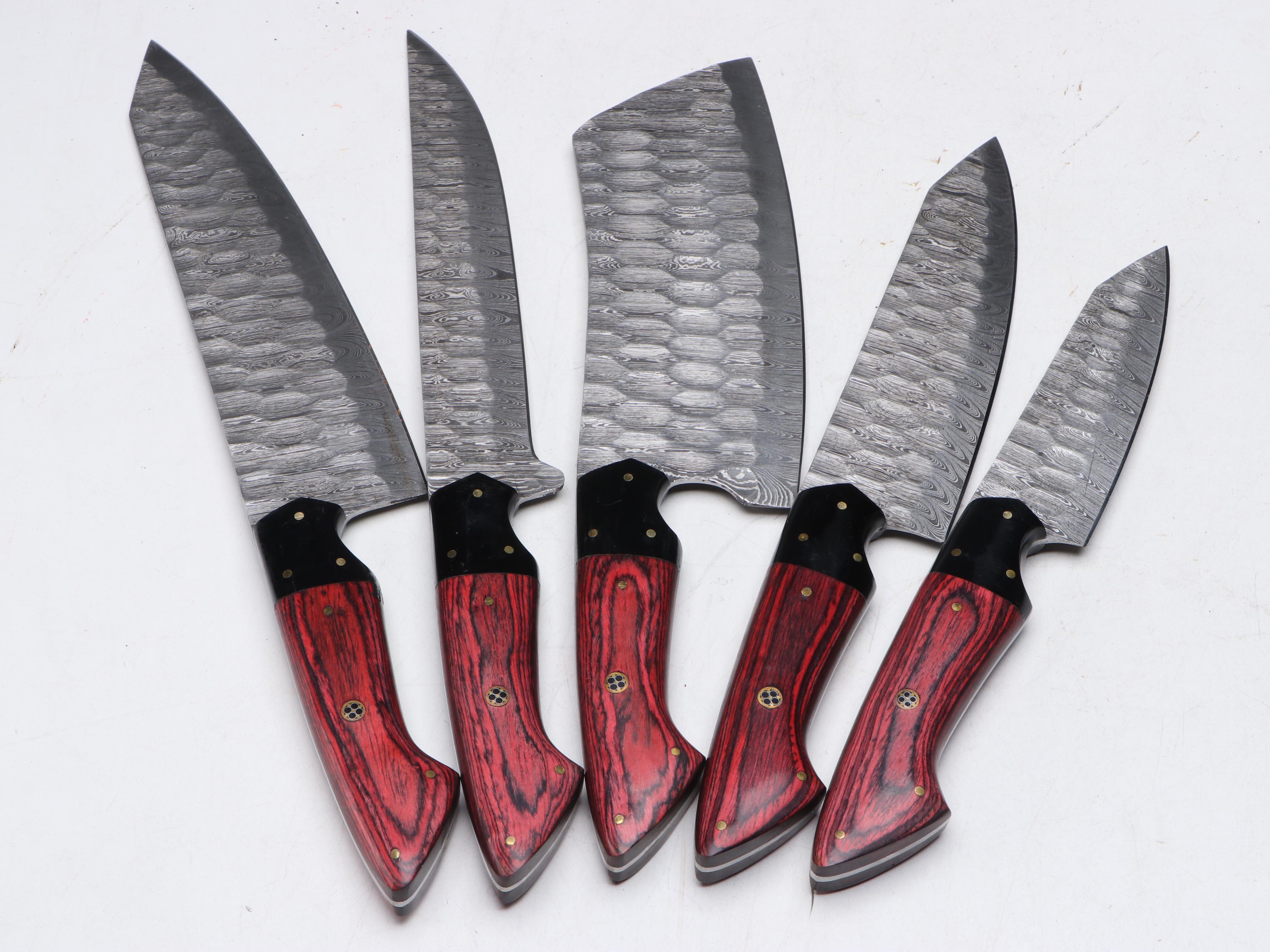 Damascus Steel and Red Wooden Handled Chef's Knife Set in Suede Leather Roll